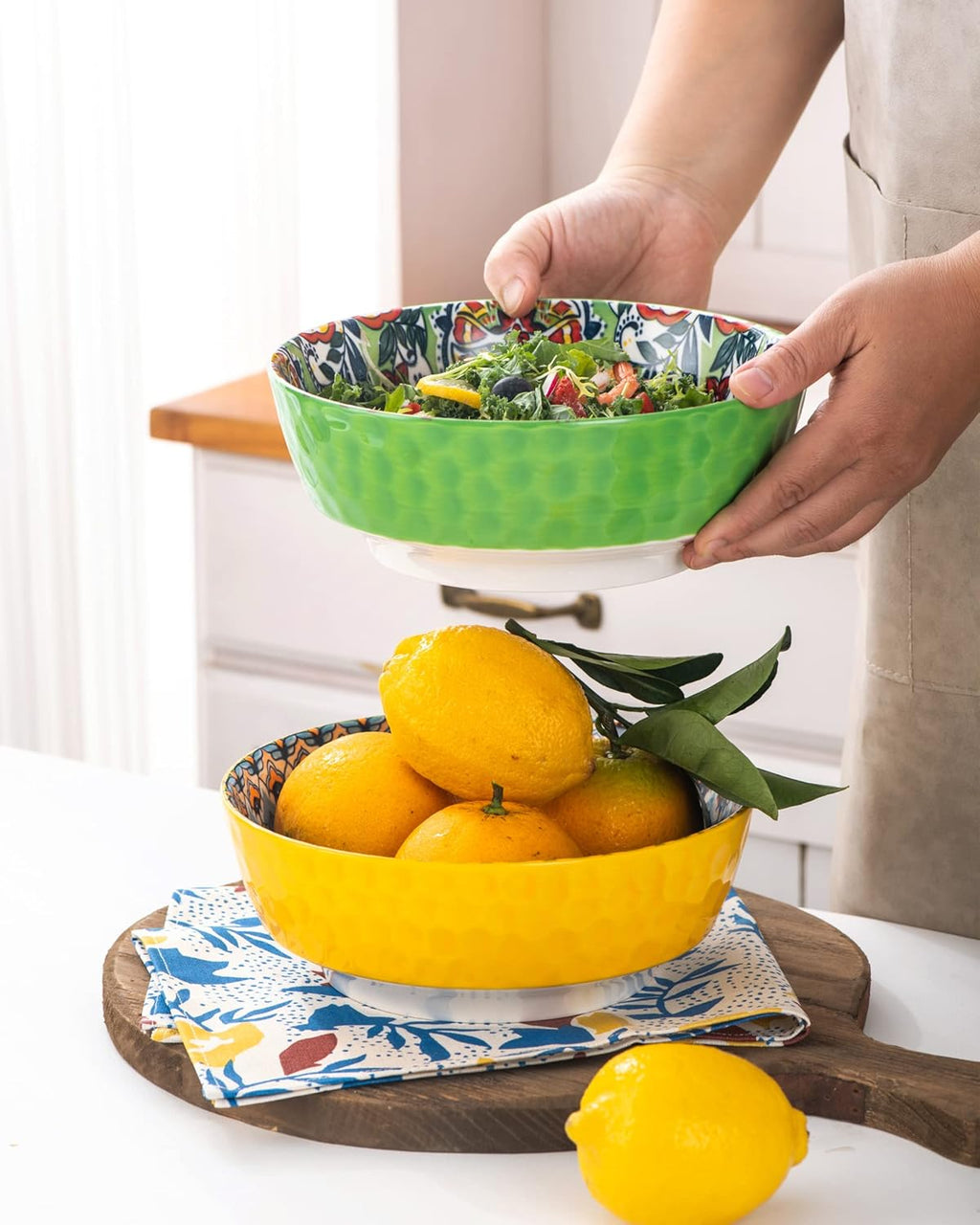 HENXFEN LEAD Large Salad Bowl Sets for Serving Pho, Ramen, Soup, Fruit, Snacks - 48 Oz Big Ceramic Bowls for Family, Kitchen Cooking, Dinner Party - Set of 2