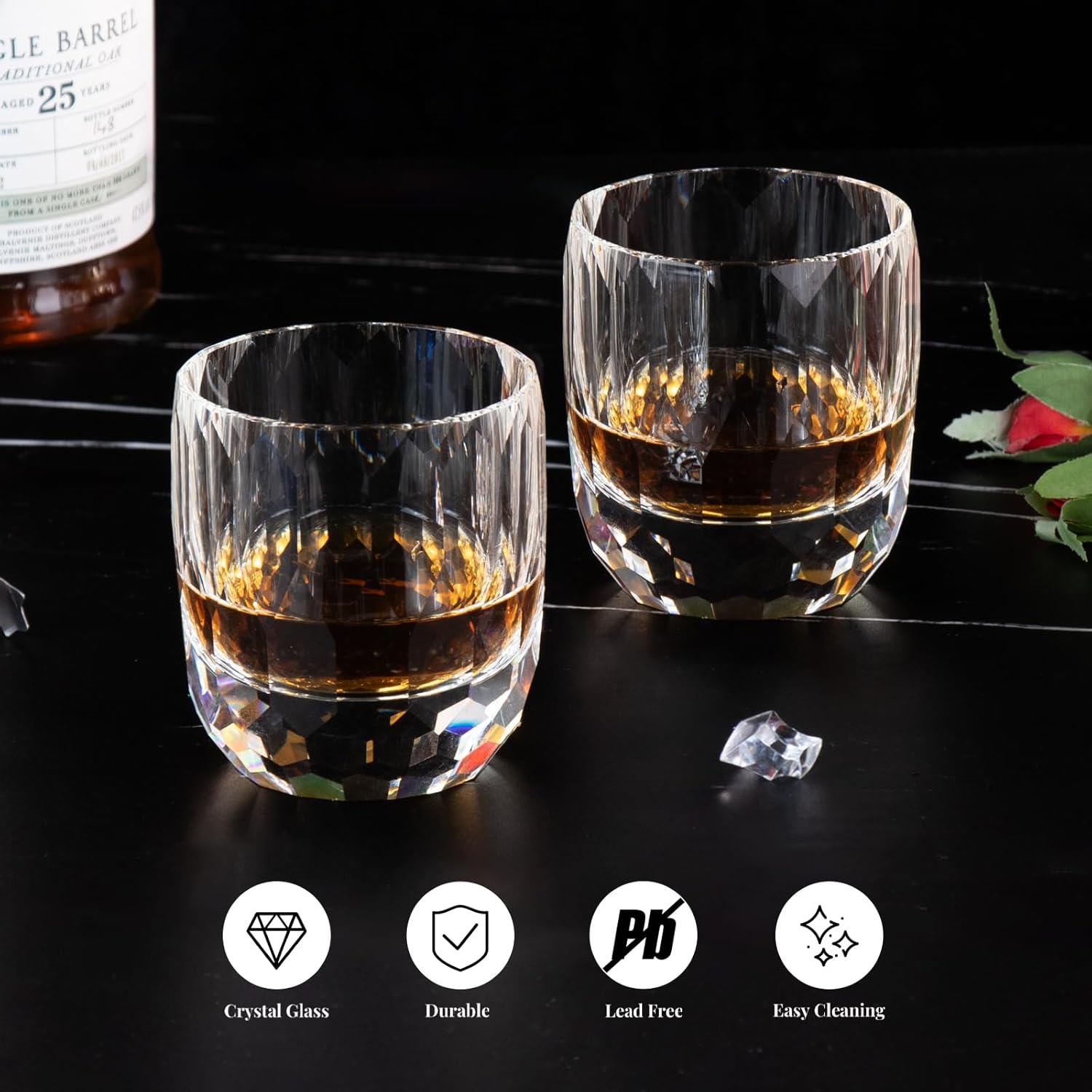 KAMMAK Whiskey Glasses Set of 2, 7.1 oz (210 ml) Old Fashioned Tumbler, Thick Base Crystal Glass with Delicate Rim & Seamless Design for Scotch, Bourbon, Cocktails, Lead-Free Barware