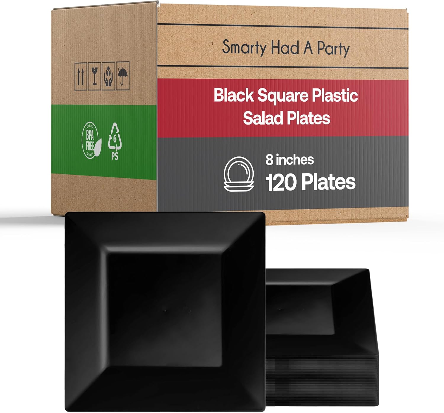 Smarty Had A Party 120 Disposable Plastic Dessert Plates, 8" Black Salad Plates for Appetizers and Buffets, Bulk Party Supplies for Events and All Occasions