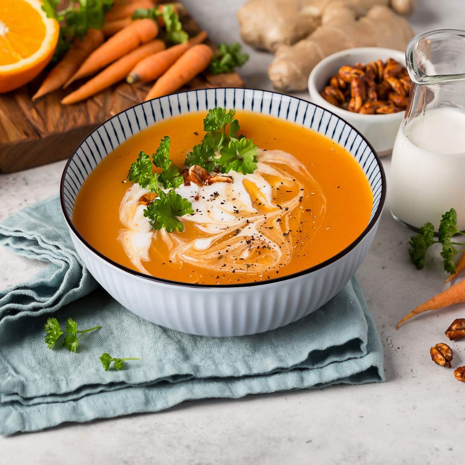 60 oz Large Soup Bowl, Pho Bowls, 8 Inch Blue and White Porcelain Japanese Ramen Bowls Set of 3 - Striped Pattern