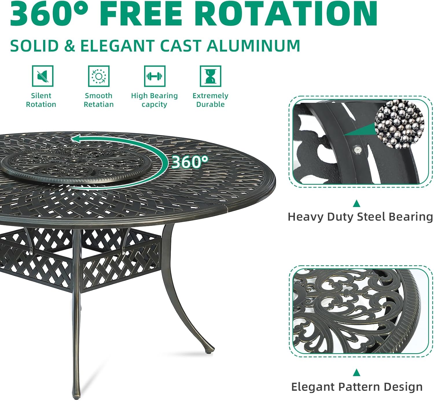 VIVIJASON 24" Cast Aluminum Lazy Susan Turntable, 360° Rotating Display Tray with Silent Bearings, Round Table Top Swivel Serving Plate with Umbrella Hole for Outdoor Dining Table, Floral Style