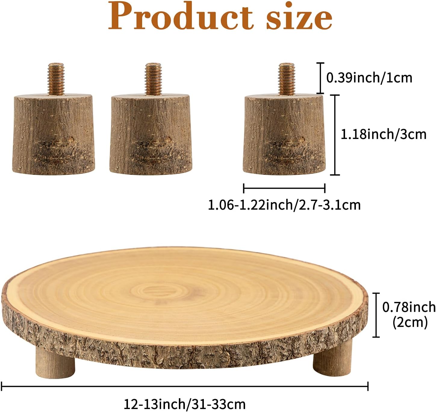 Rustic Wood Cake Stand - 11-13 Inch Wooden Slice with Legs for Elegant Wedding, Birthday, & Woodland-Themed Parties（1Pcs）
