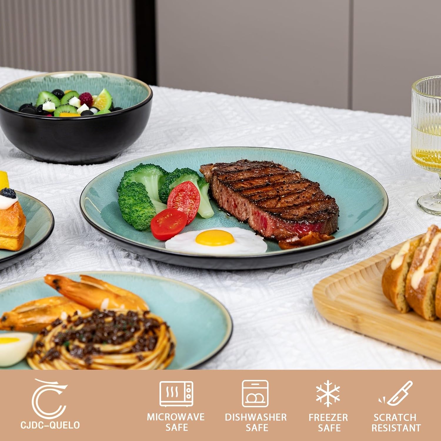 Plates and Bowls Sets for 8 - CJDC-QUELO 32-Piece Stoneware Dinnerware Sets, Ceramic Dishware Set for Indoor Kitchen Use and Formal Dining, Chip and Scratch Resistant Microwave Dishwasher Safe, Green