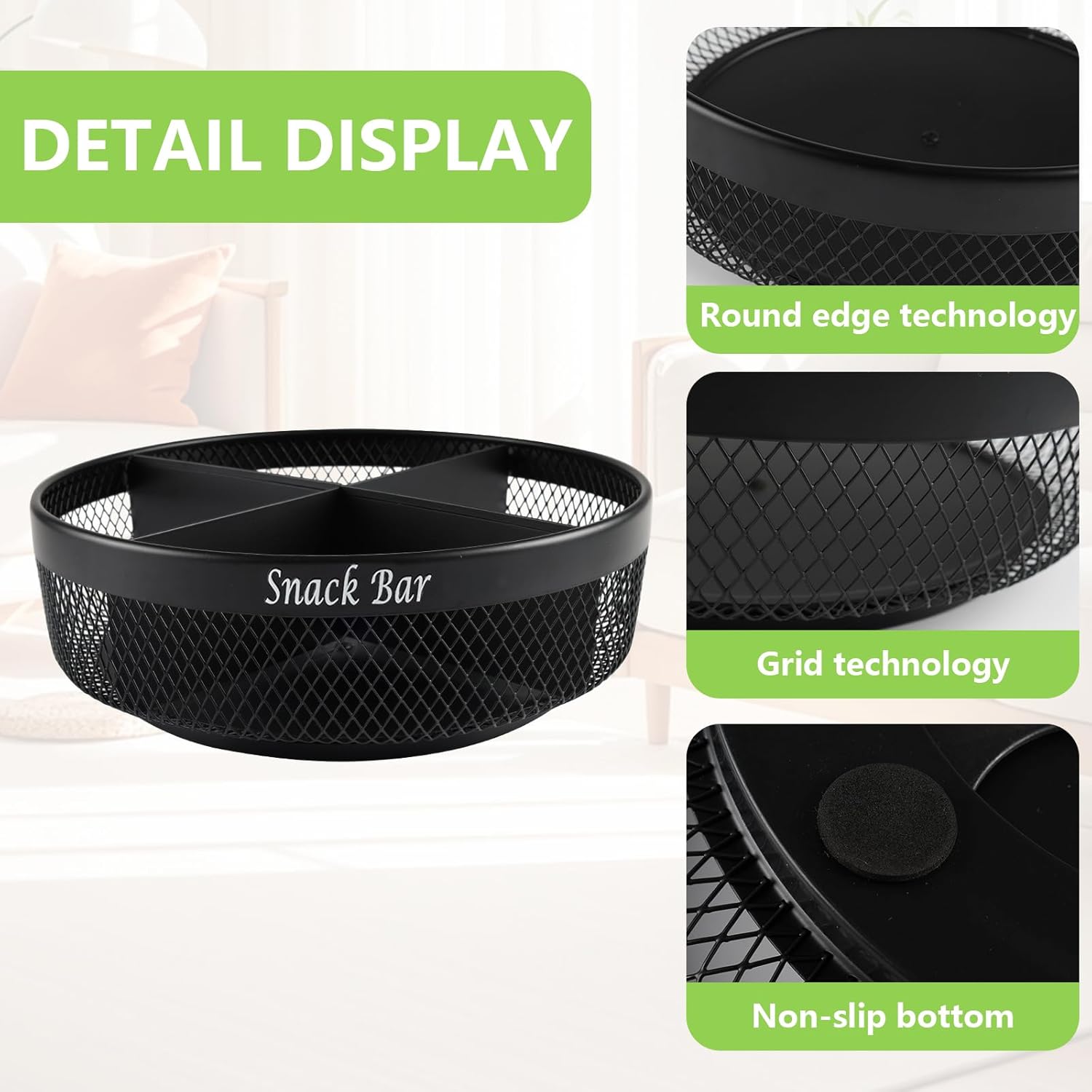 Snack Organizer for Countertop, Metal Turntable Organizer with Divider, 4 Compartment Snack Storage Spinning Snack Tray, Lazy Susan Snack Spinner for Snack Bar Organizer Pantry Storage-Black