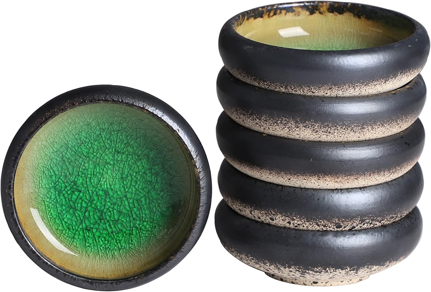 Uaral Soy Sauce Dishes Japanese Dipping Sauce Bowls Pinch Bowl Stoneware Small Dish Set of 6,3.75 Inch(4.5 oz Ice Crack Green)