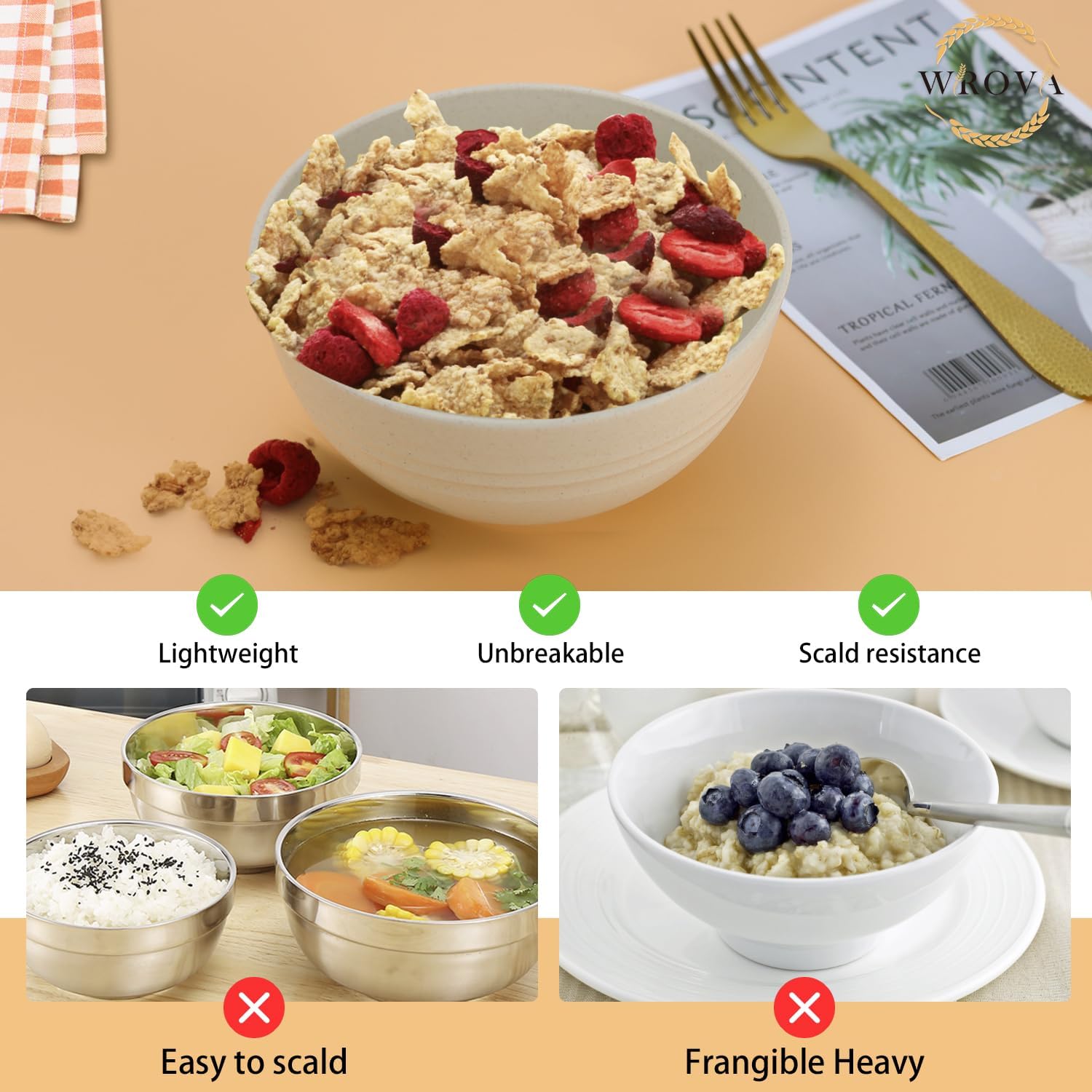 Wrova 26 oz Wheat Straw Bowls,Unbreakable Cereal Bowls Set of 6,Microwave & Dishwasher Safe Salad Bowls for kitchen, Kitchen Bowl Sets for Soup,Salad,Fruit,Snack and Oatmeal-Multi Color