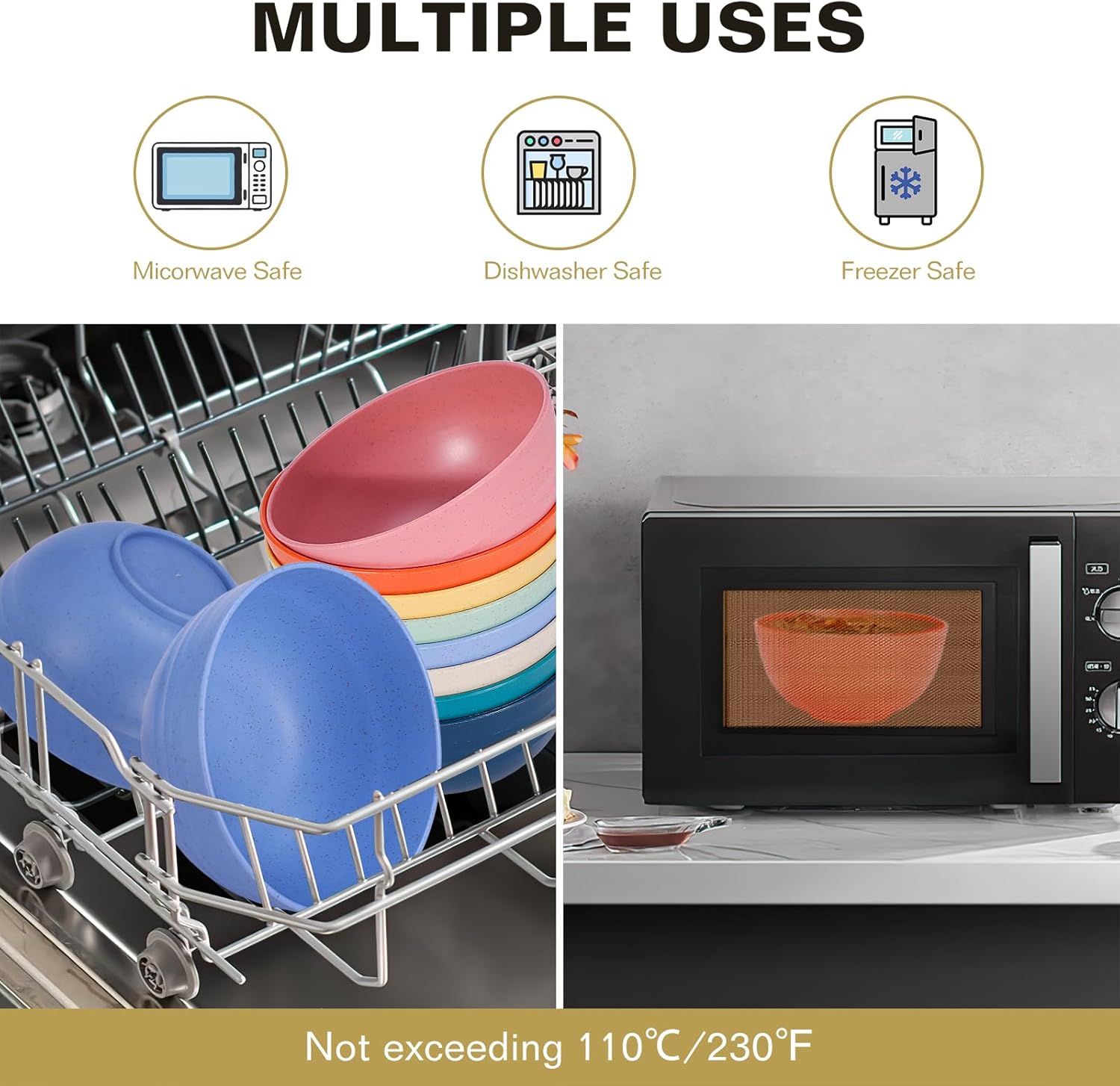 Cereal Bowls, 26 Oz Unbreakable Plastic Cereal Wheat Straw Bowl Sets of 8, Lightweight Microwave Dishwasher Safe Reusable BPA-Free for Kitchen Soup Salad Noodle Desert, Multicolor