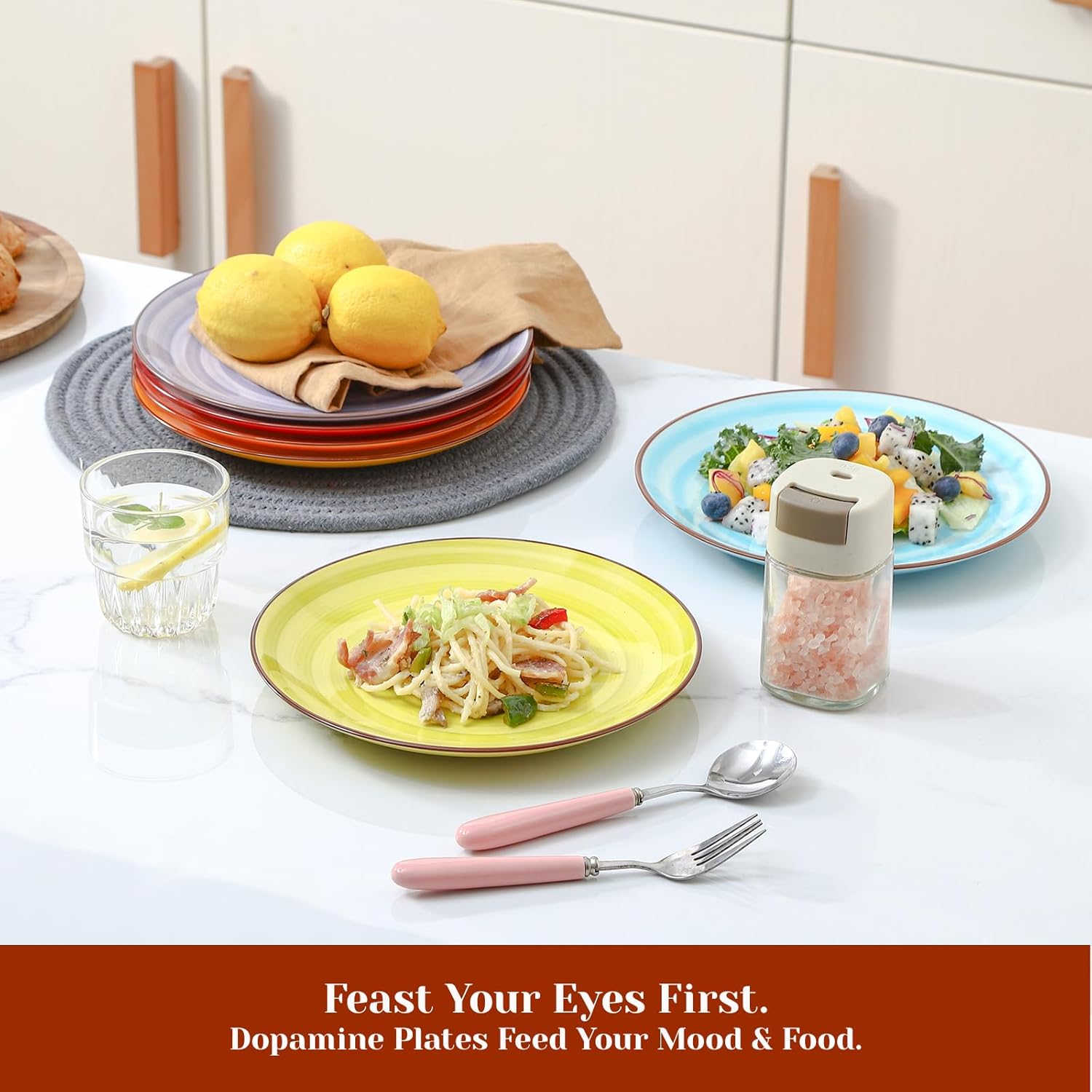 KitchenTour Ceramic Dinner Plates, 8 Inch Colorful Salad Plates Set of 6, Serving Plates for Dessert, Pasta, Steak, Dishwasher and Microwave Safe