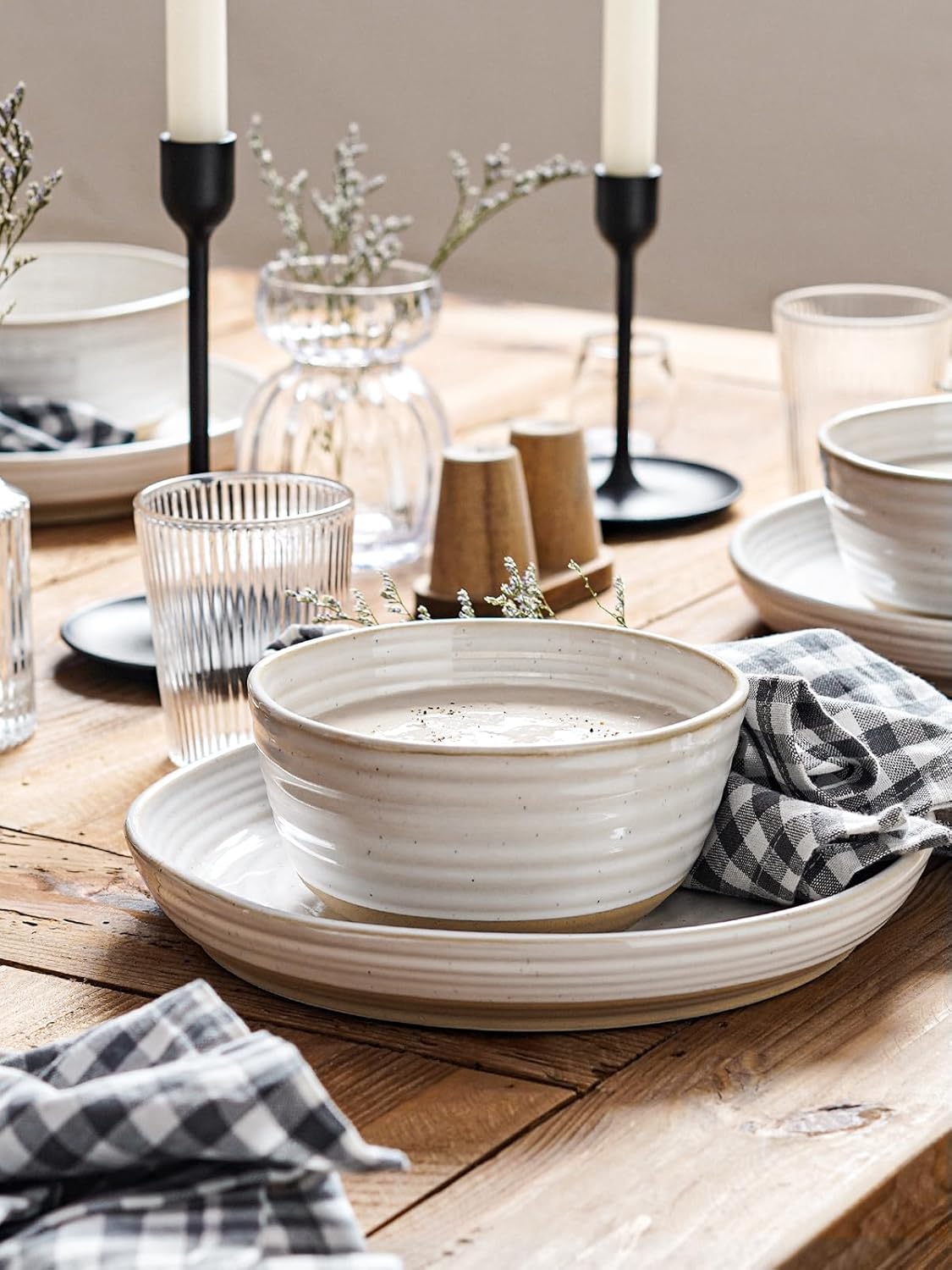 LE TAUCI Dinnerware Sets 16 PCS, Stoneware Plates and Bowls Set, House Warming Wedding Present, Serve for 4 (10" Dinner Plates + 8" Salad Dish + 28 oz Cereal Bowl+12oz coffee mugs) x 4, Arctic White