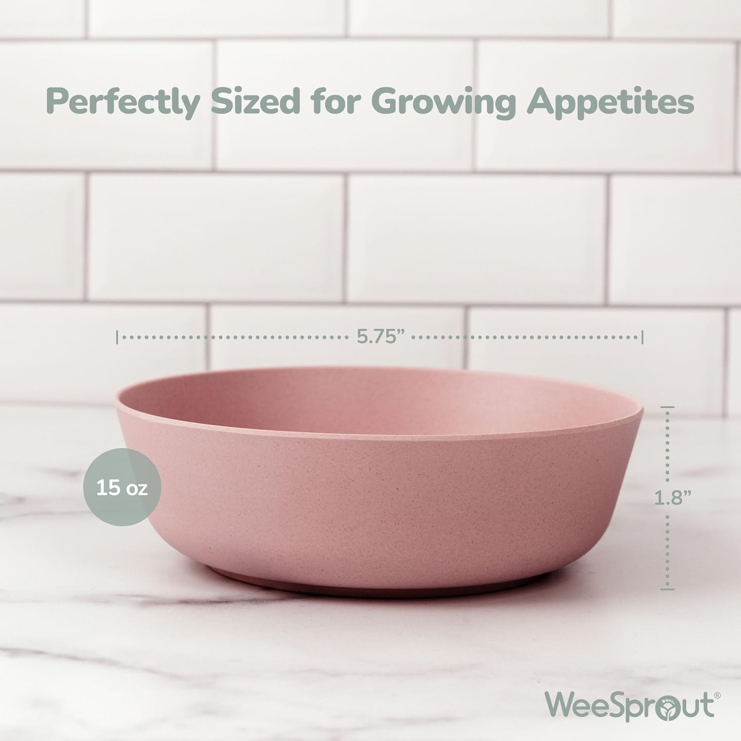 WeeSprout Bamboo Kids Bowls, Set of Four 15 oz Kid-Sized Dinnerware, Cereal, Leftovers & Snack Bowl, Dishwasher Safe (Pink, Green, Gray, & Beige)