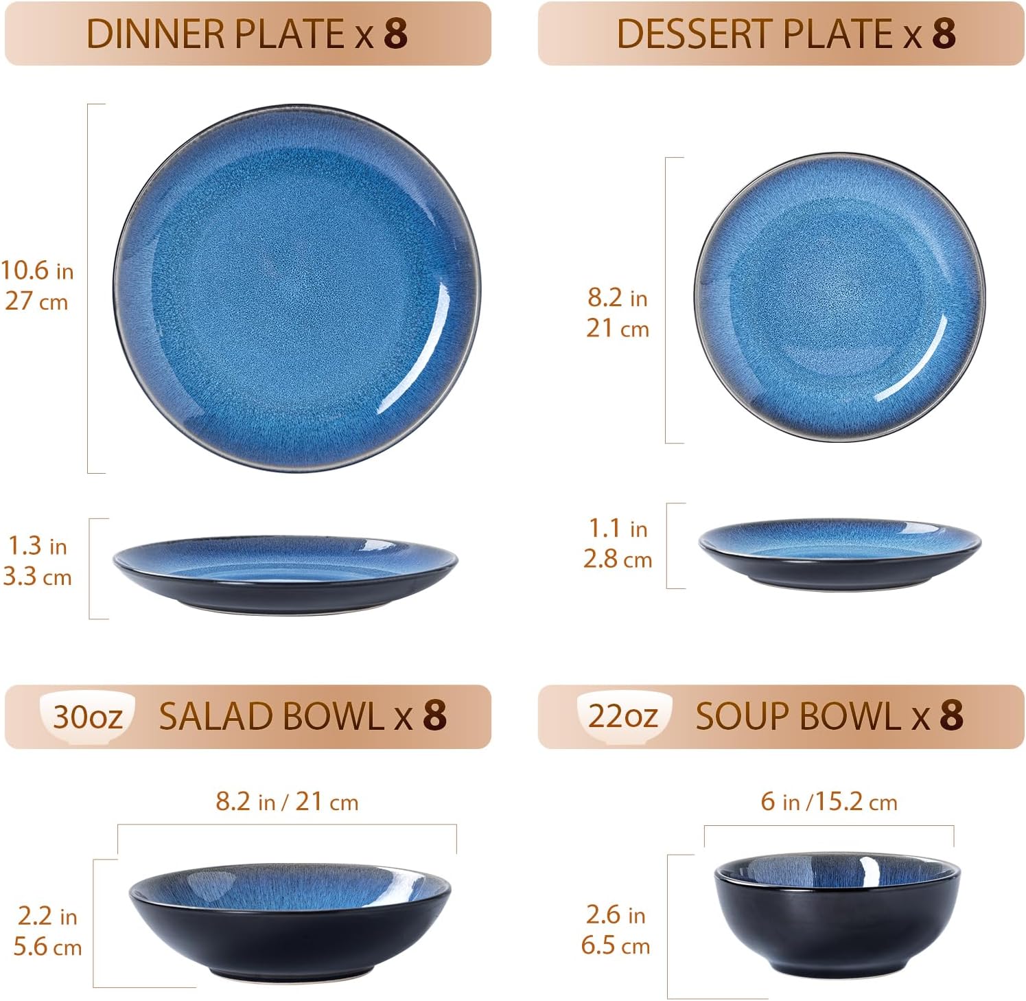 Plates and Bowls Sets for 8 - CJDC-QUELO 32-Piece Stoneware Dinnerware Sets, Ceramic Dishware Set for Indoor Kitchen Use and Formal Dining, Chip and Scratch Resistant Microwave Dishwasher Safe, Blue