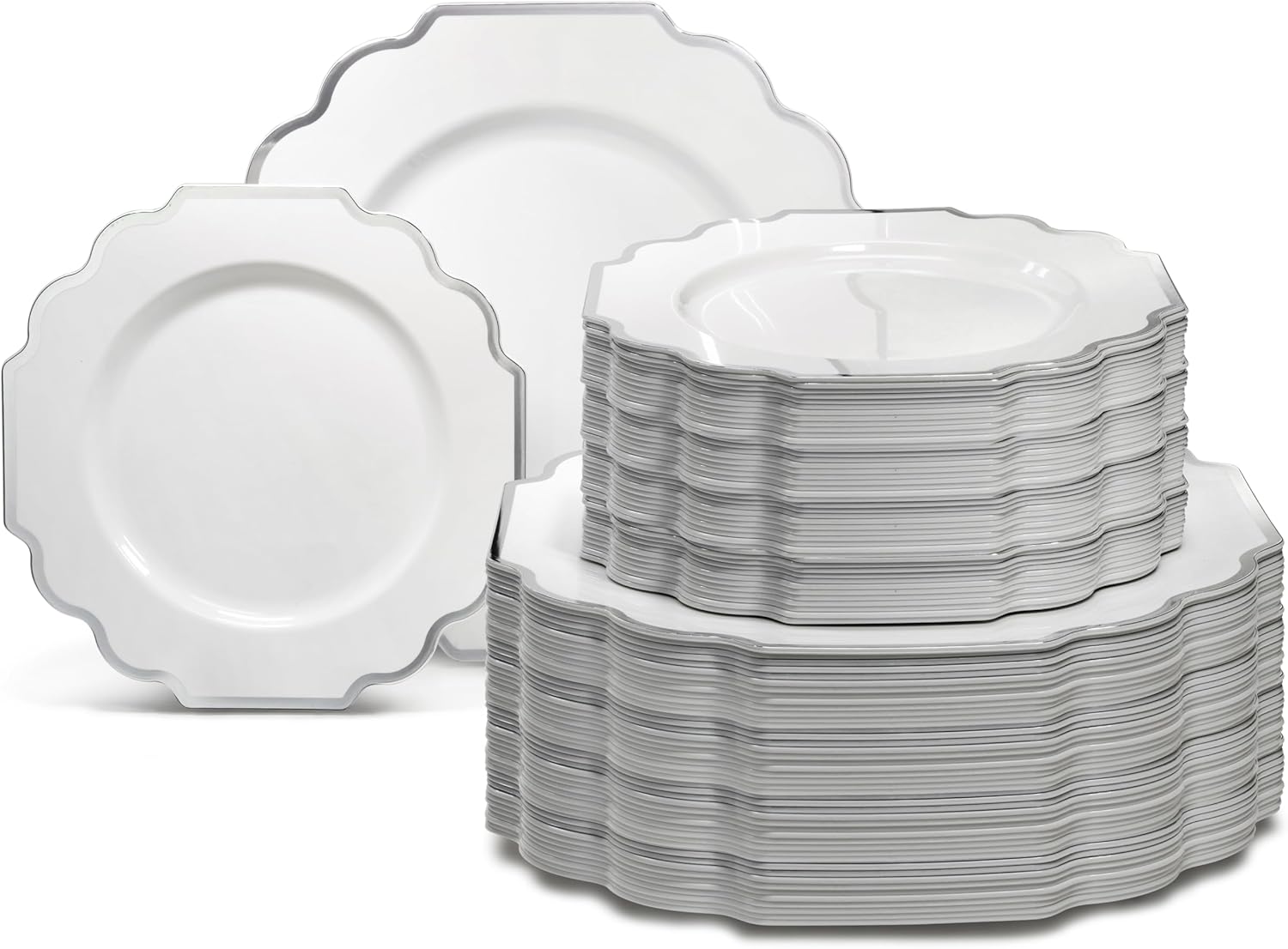 " OCCASIONS " 120 Plates Pack,(60 Guests) Heavyweight Wedding Party Disposable Plastic Plates Set -60 x 10.5'' Dinner + 60 x 8'' Salad/Dessert Plate (Imperial in White & Silver Rim)