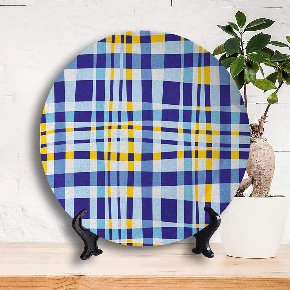 Ceramic Display Plate, Yellow and Blue Ceramic Hanging Decorative Plate, Retro Scottish Checkered Tartan with Color Stripes, 6 Inch, Household Custom Ceramic Plate, Pale and Violet Blue