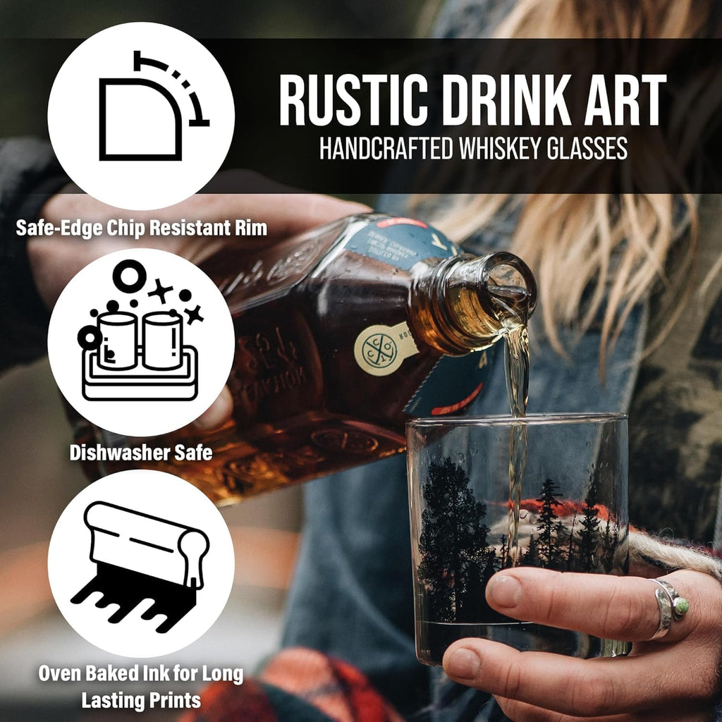 Black Lantern Set of 4 Whiskey Glasses - Nature Themed Drinking Glasses - Set of Four 11oz. Glasses - Premium Rock Glass Set for Whisky Scotch Cocktails and Bourbon (Forest Landscape)