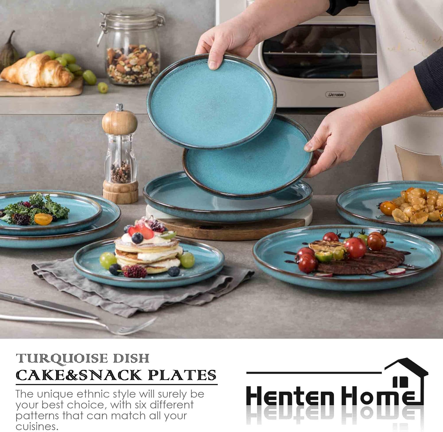 Henten Home Ceramic Dessert Plates, 8 Inch Porcelain Salad Plates Set of 4, Round Snack Plates for Kitchen, Cake Serving Stoneware Dishes, Reactive Glaze, Scratch Resistant (Aqua)