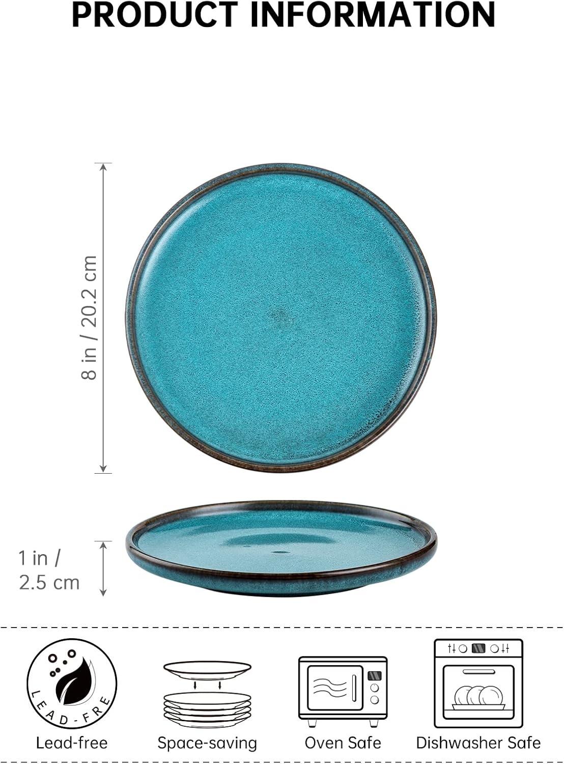 Henten Home Ceramic Dessert Plates, 8 Inch Porcelain Salad Plates Set of 4, Round Snack Plates for Kitchen, Cake Serving Stoneware Dishes, Reactive Glaze, Scratch Resistant (Aqua)
