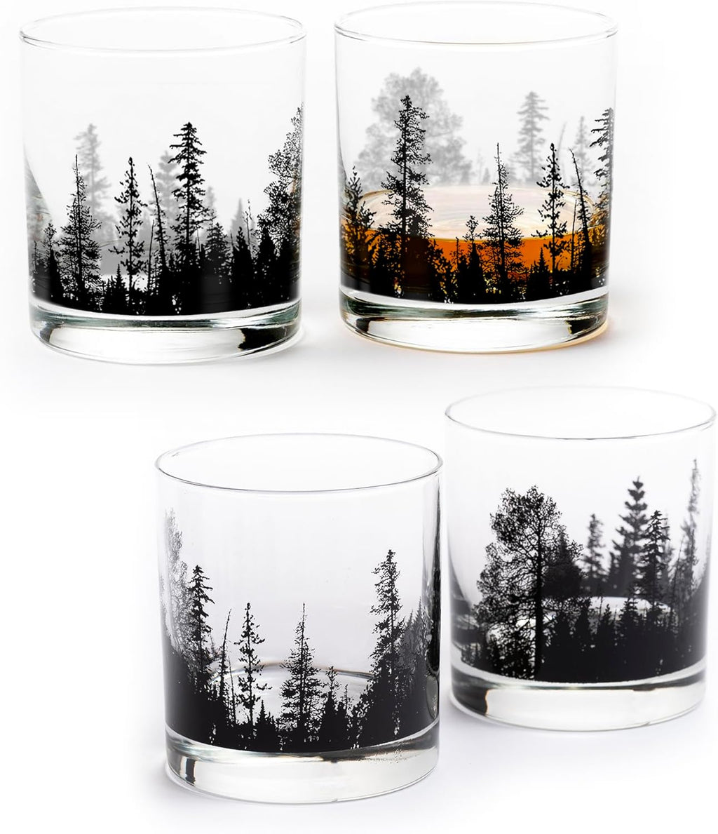 Black Lantern Set of 4 Whiskey Glasses - Nature Themed Drinking Glasses - Set of Four 11oz. Glasses - Premium Rock Glass Set for Whisky Scotch Cocktails and Bourbon (Forest Landscape)