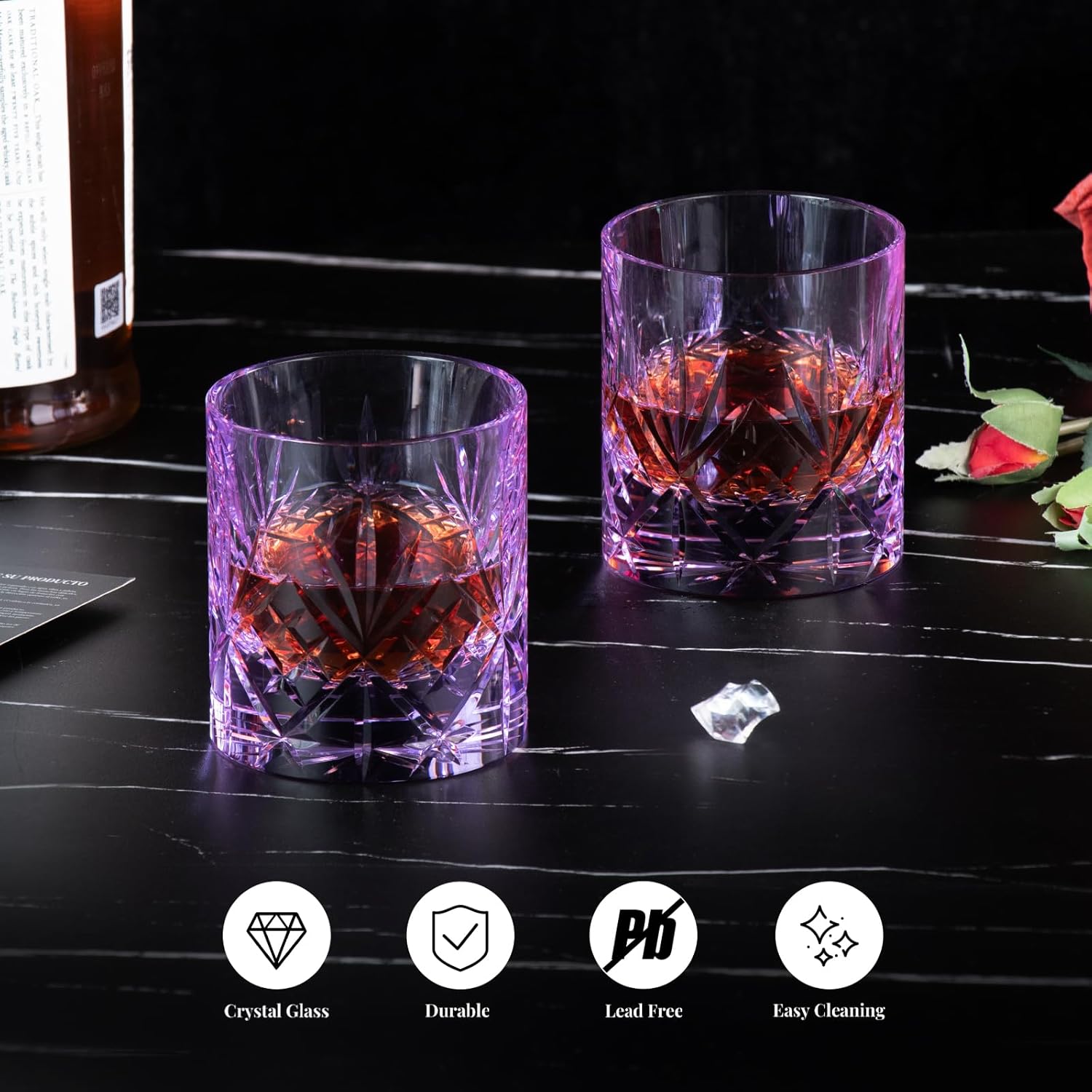 KAMMAK Crystal Whiskey Glasses Set, 8.12 oz (240 ml) Purple Old Fashioned Tumbler, Hand Blown Thick Base Colored Glass with Delicate Rim & Seamless Design for Scotch, Bourbon, Cocktails