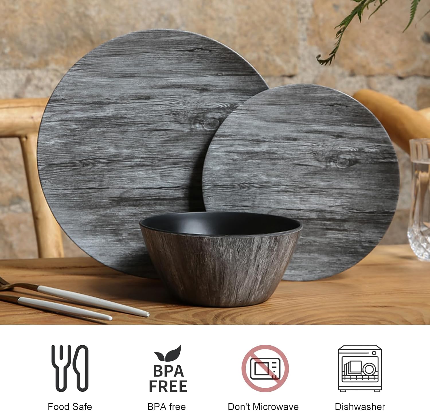 Melamine Dinnerware Set – Rustic 12 Piece Plates and Bowls, Heavy Duty Dishes for Indoor Outdoor Use, Break-Resistant, Dishwasher Safe，Black Wood Grain
