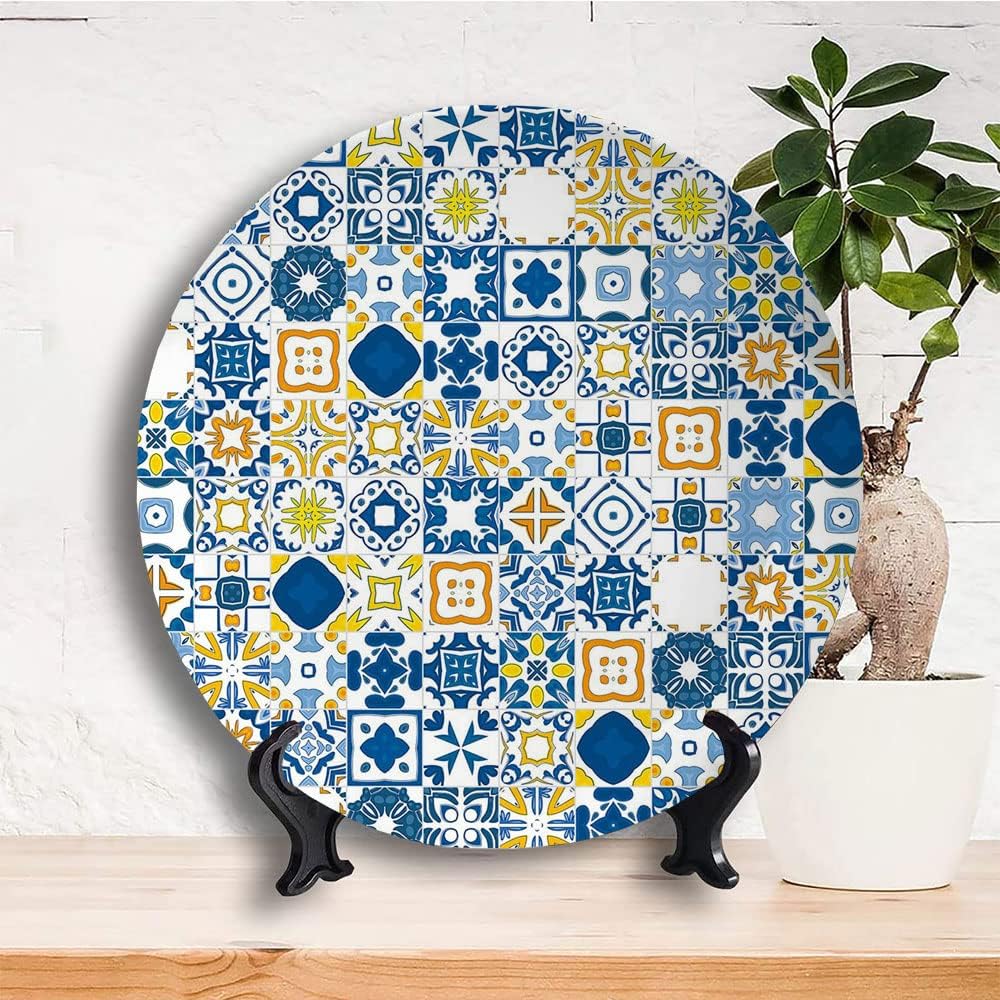 Ceramic Display Plate, Yellow and Blue Ceramic Hanging Decorative Plate, Mosaic Portuguese Azulejo Mediterranean Arabesque Effect, 7 Inch, Living Room Kitchen Decoration Household