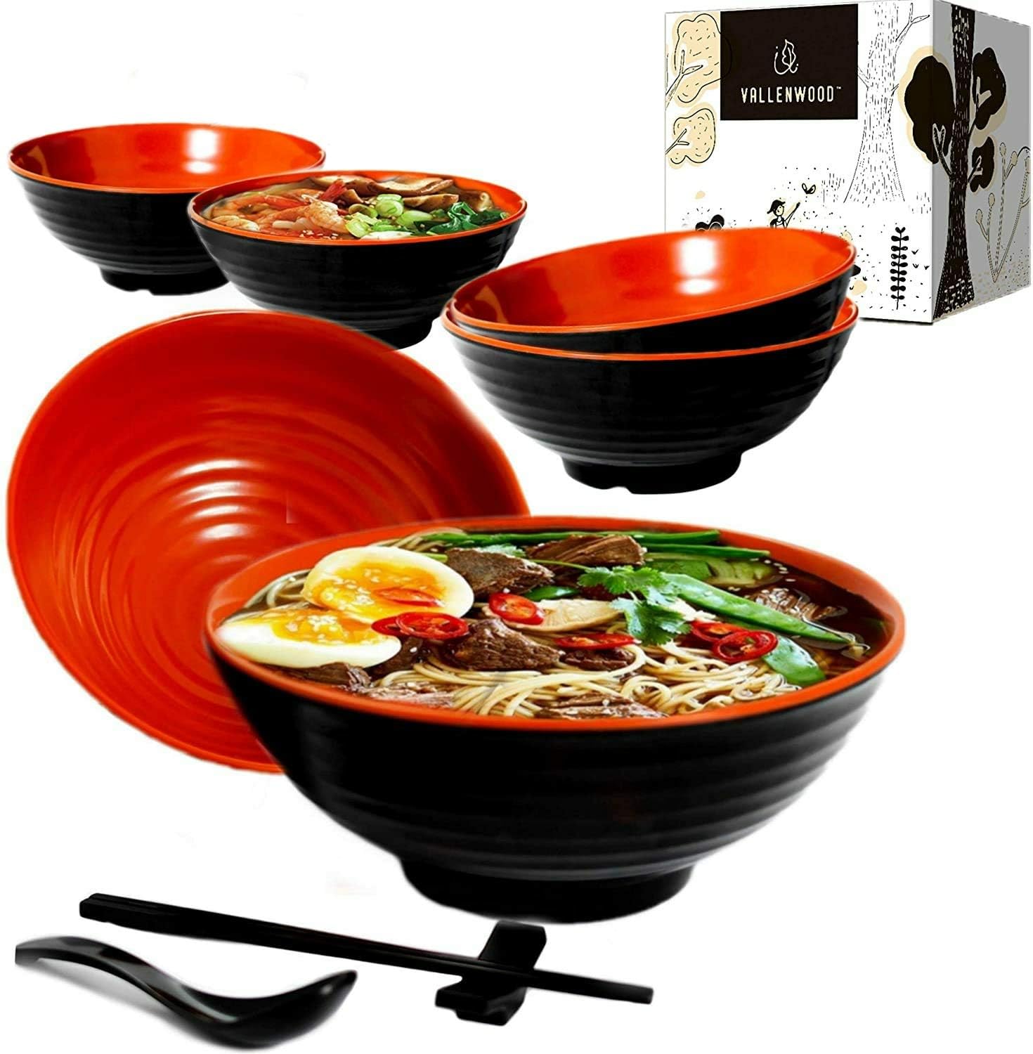 6 Ramen Bowls, 18 pieces Pho set. Red Black Asian Japanese soup. Utensil Spoons And Chopsticks kit. Melamine. Large 37 oz. Noodles, Rice, Udon, Thai, Chinese, Korean, Wonton, Miso (Red Black x6)