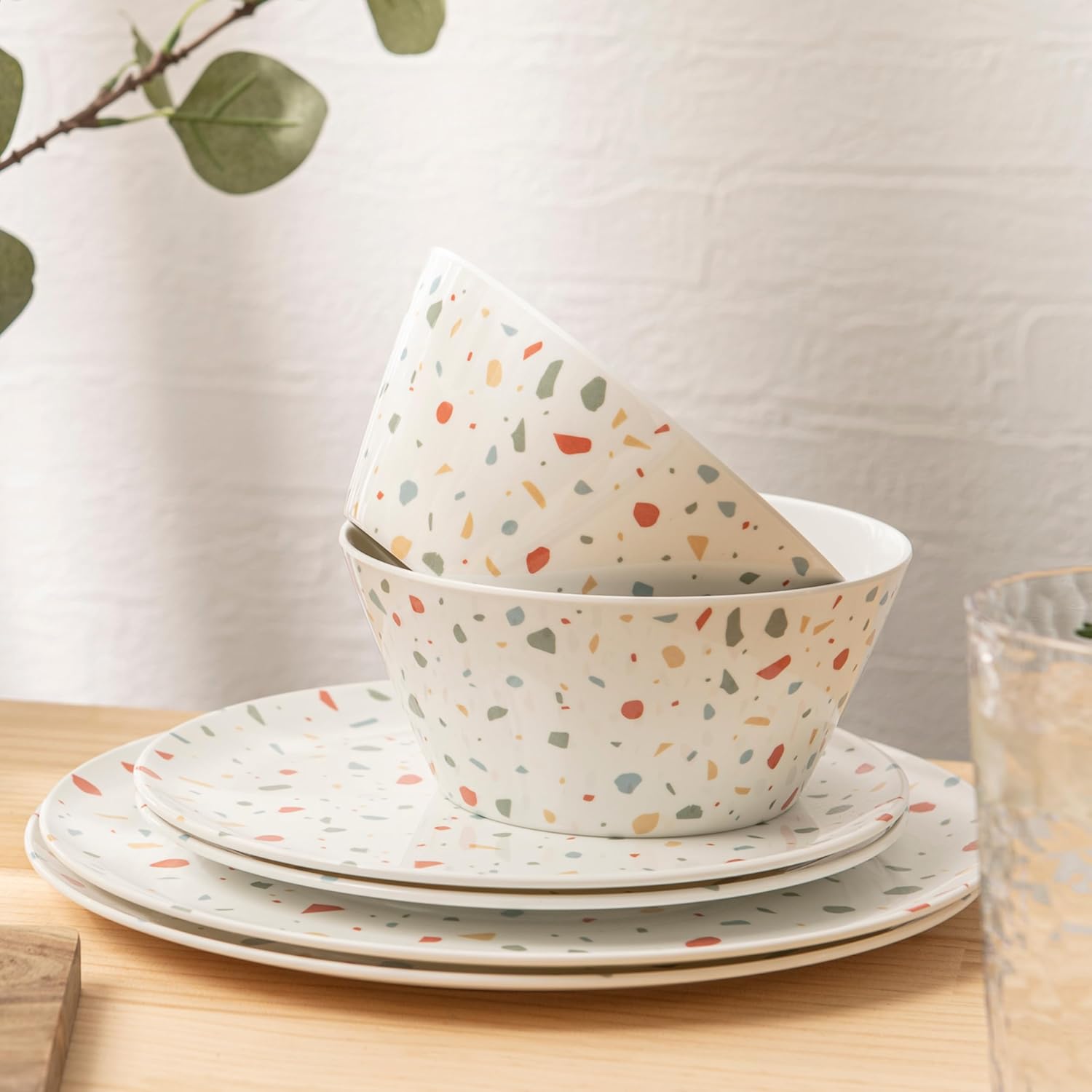 Bzyoo 12-Piece Melamine Dinnerware Set - White Confetti | Lightweight, Durable, BPA-Free | Dishwasher Safe Dish Set for Indoor & Outdoor Use - Perfect for Camping, BBQs, Kids Parties