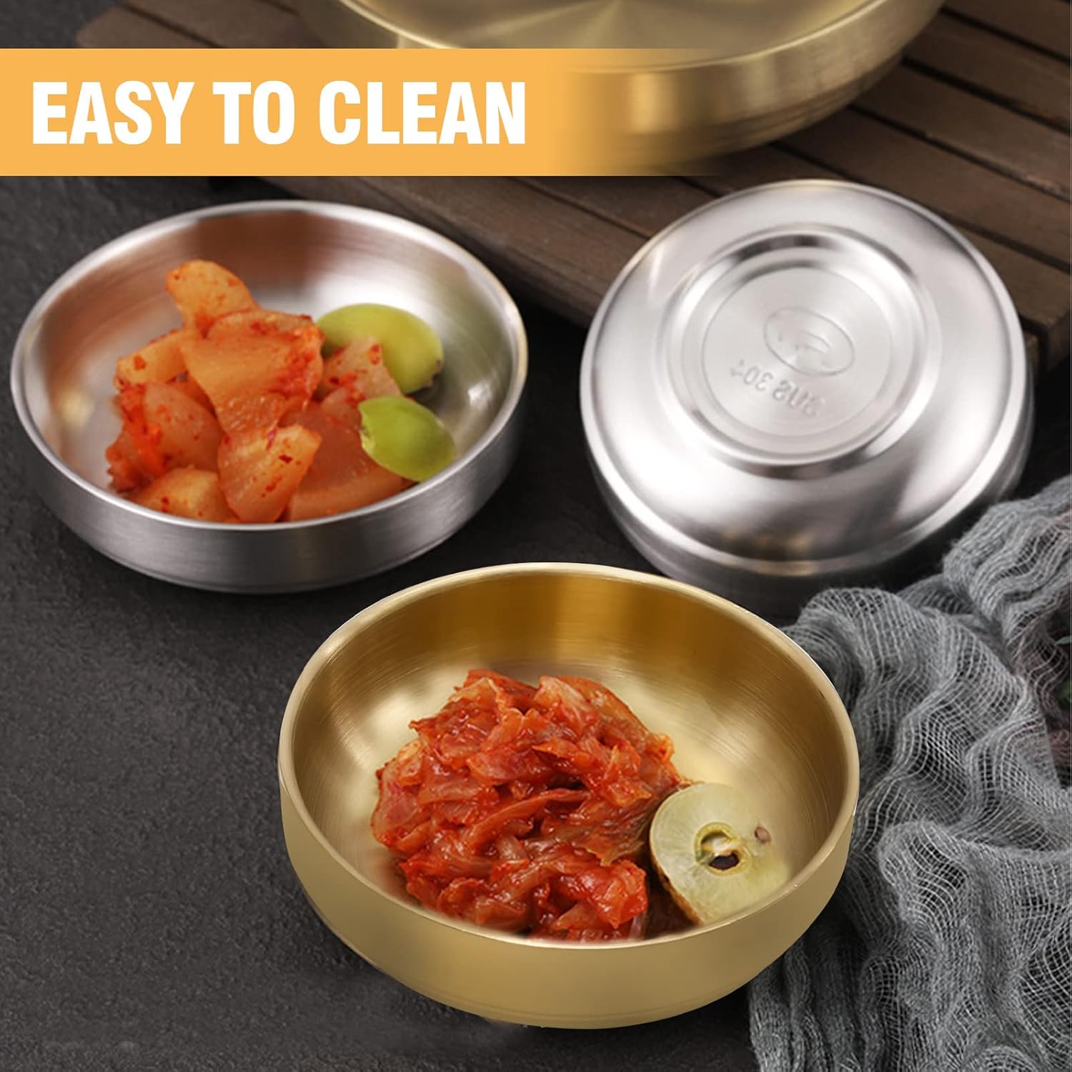 MDEOOSKY 4PCS Large Stainless Steel Sauce Dish 4.72inch Appetizer Plates Double-Deck Plates 304 Stainless Steel Plates for Oil Vinegar Juice Salad Appetizer Side Dish Ketchup (Gold 4.72IN)