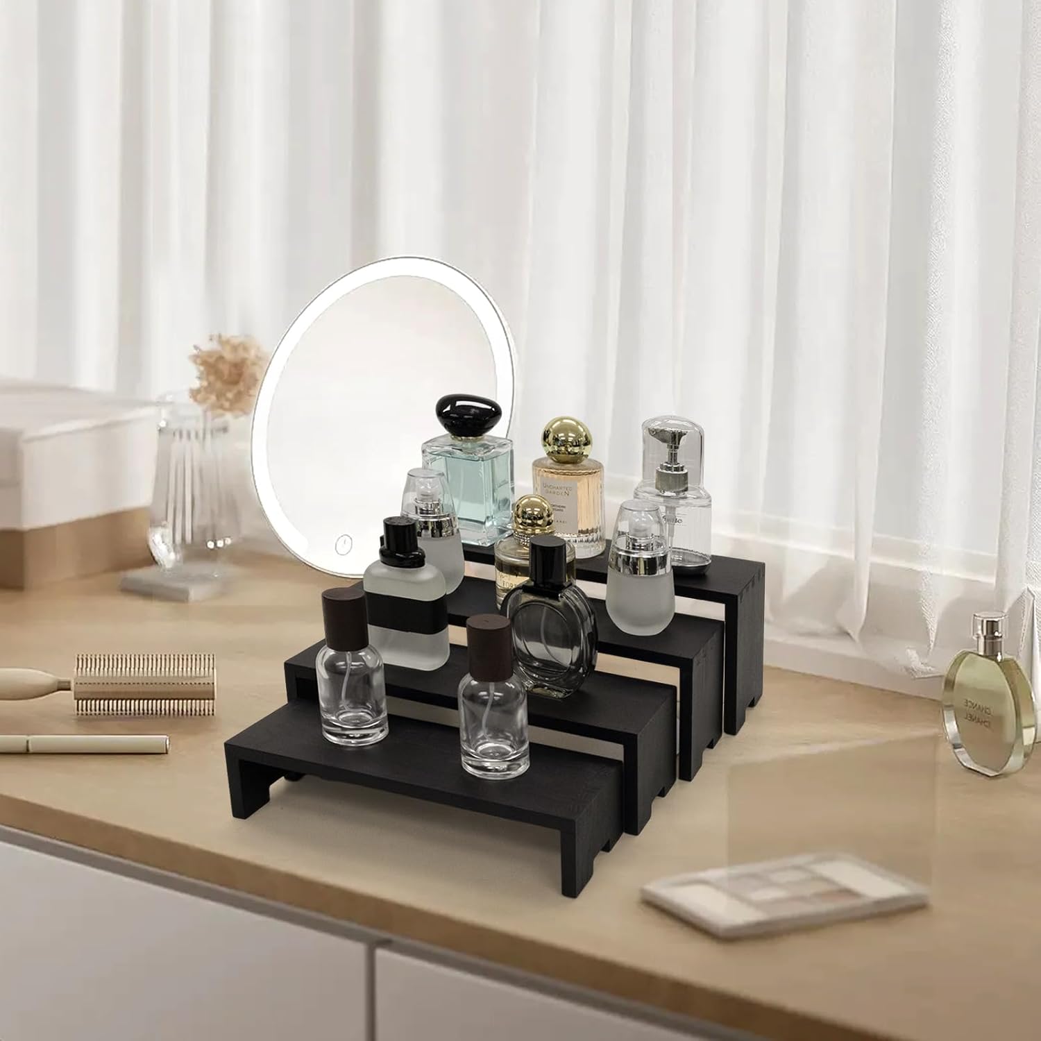 Large Display Wood Risers Wooden Stand 8 Tier Wood Racks Decorative Rectangular, 2 Set 8 Piece Cupcake Stands Cologne Perfume Organizer Dessert Showcase Items(black)