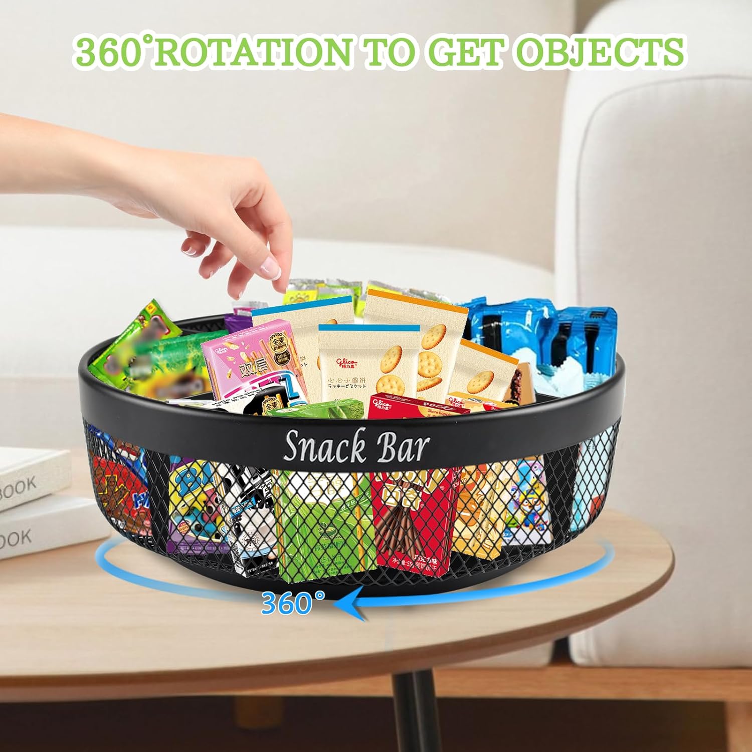 Snack Organizer for Countertop, Metal Turntable Organizer with Divider, 4 Compartment Snack Storage Spinning Snack Tray, Lazy Susan Snack Spinner for Snack Bar Organizer Pantry Storage-Black