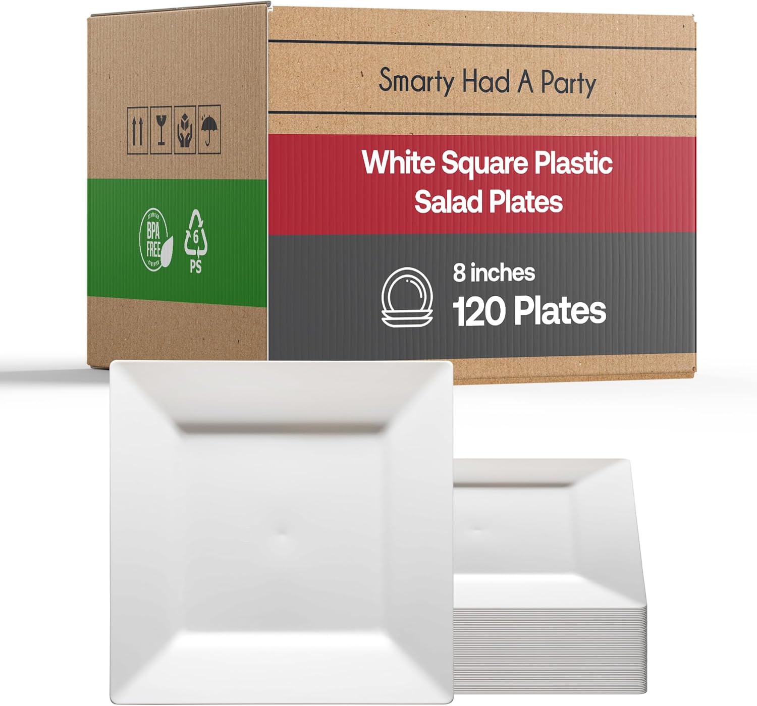 Smarty Had A Party 120 Disposable Plastic Dessert Plates, 8" Heavy Duty Square White Salad Plates for Appetizers and Buffets, Bulk Supplies for Events and all Occasions