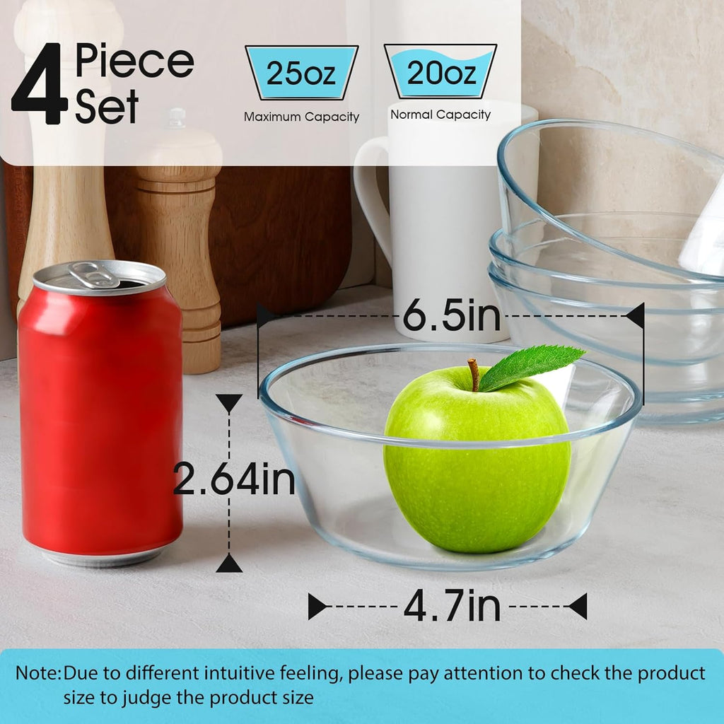 NUTRIUPS 25oz Flat Bottom Small Glass Bowls Set of 4, 6in Clear Glass Cereal Bowls, 0.8L Shallow Glass Bowl for Kitchen, Microwave and Oven Safe