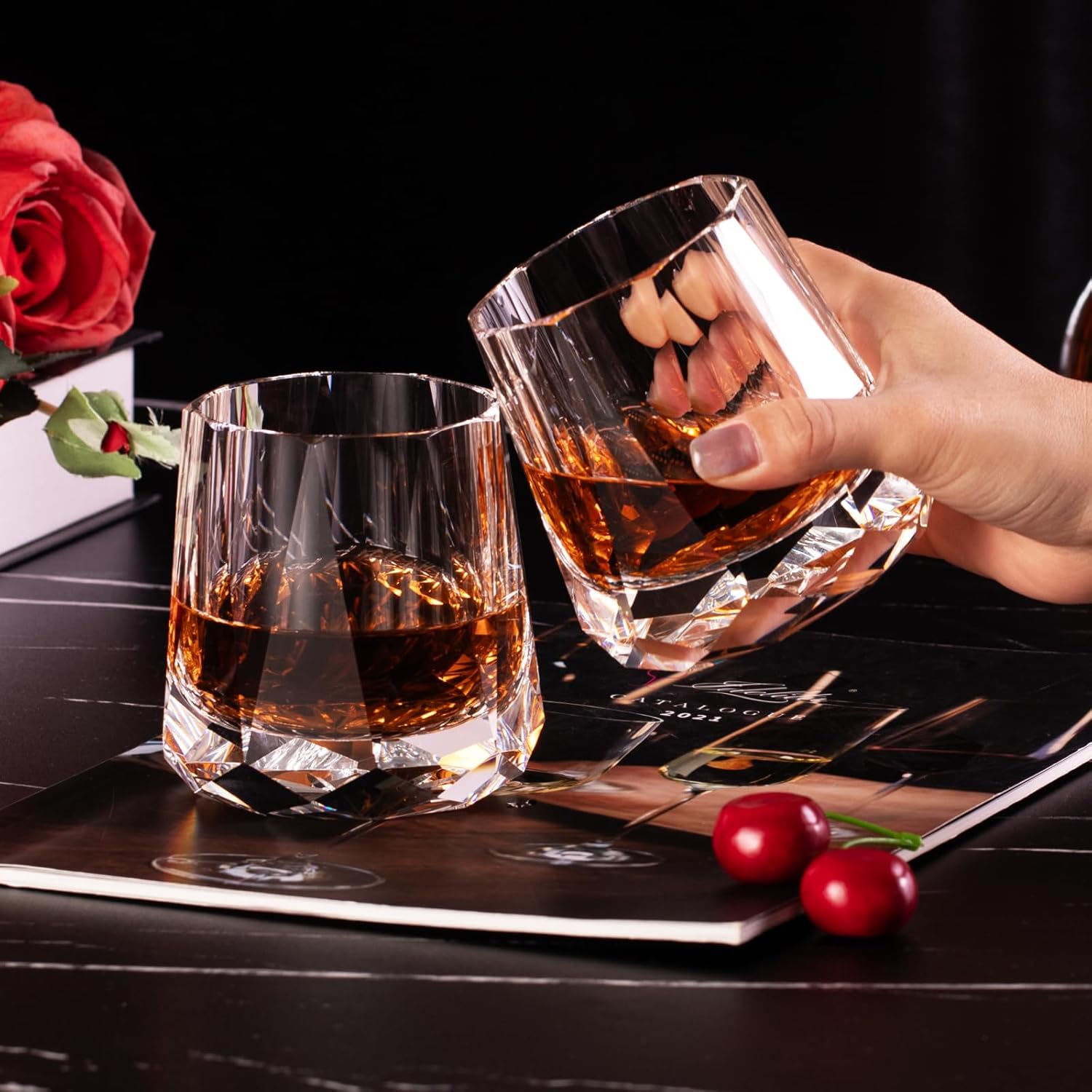 KAMMAK Crystal Whiskey Glasses Set of 2, 10 oz Handcrafted Old Fashioned Glass, Lead-Free Tumbler Glass with Delicate Rim, Seamless Modern Design & Thick Stable Base for Cocktails, Scotch, Bourbon