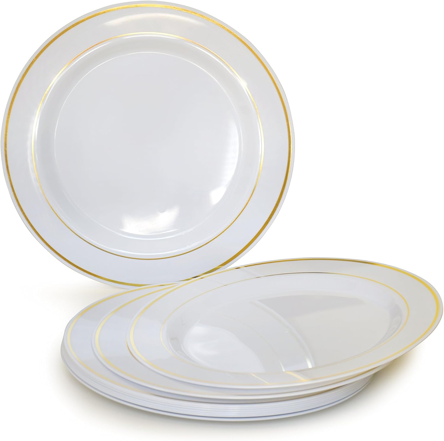 " OCCASIONS " 150pcs set (25 Guests)- Disposable Heavyweight DinnerwareWedding Plastic Plates & cutlery - 10.5'', 7.5'' + Silverware w/double fork (White & Gold Rim)