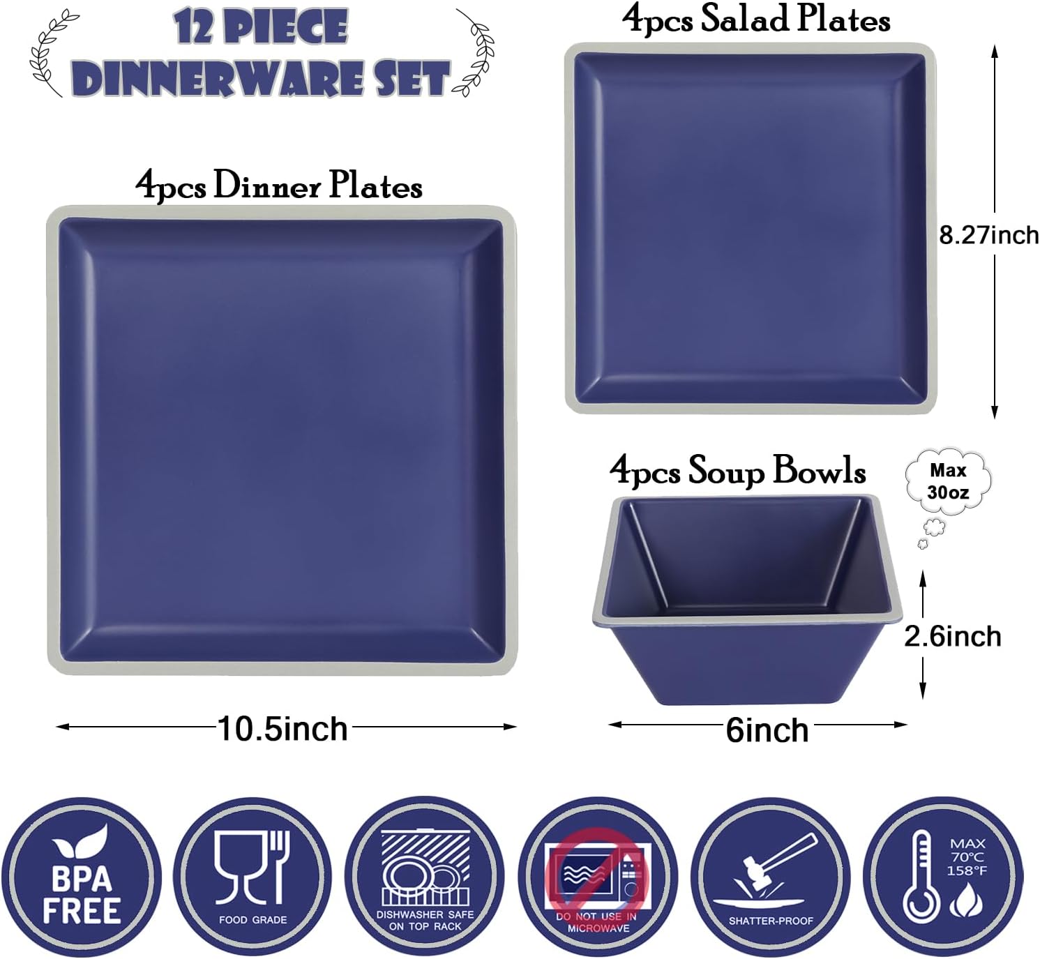 Square Melamine Dinnerware Sets， Durable Square Dinner Plates and Bowls Set,12-Piece Set Non-breakable Lightweight Dinner Tableware Sets, Service for 4