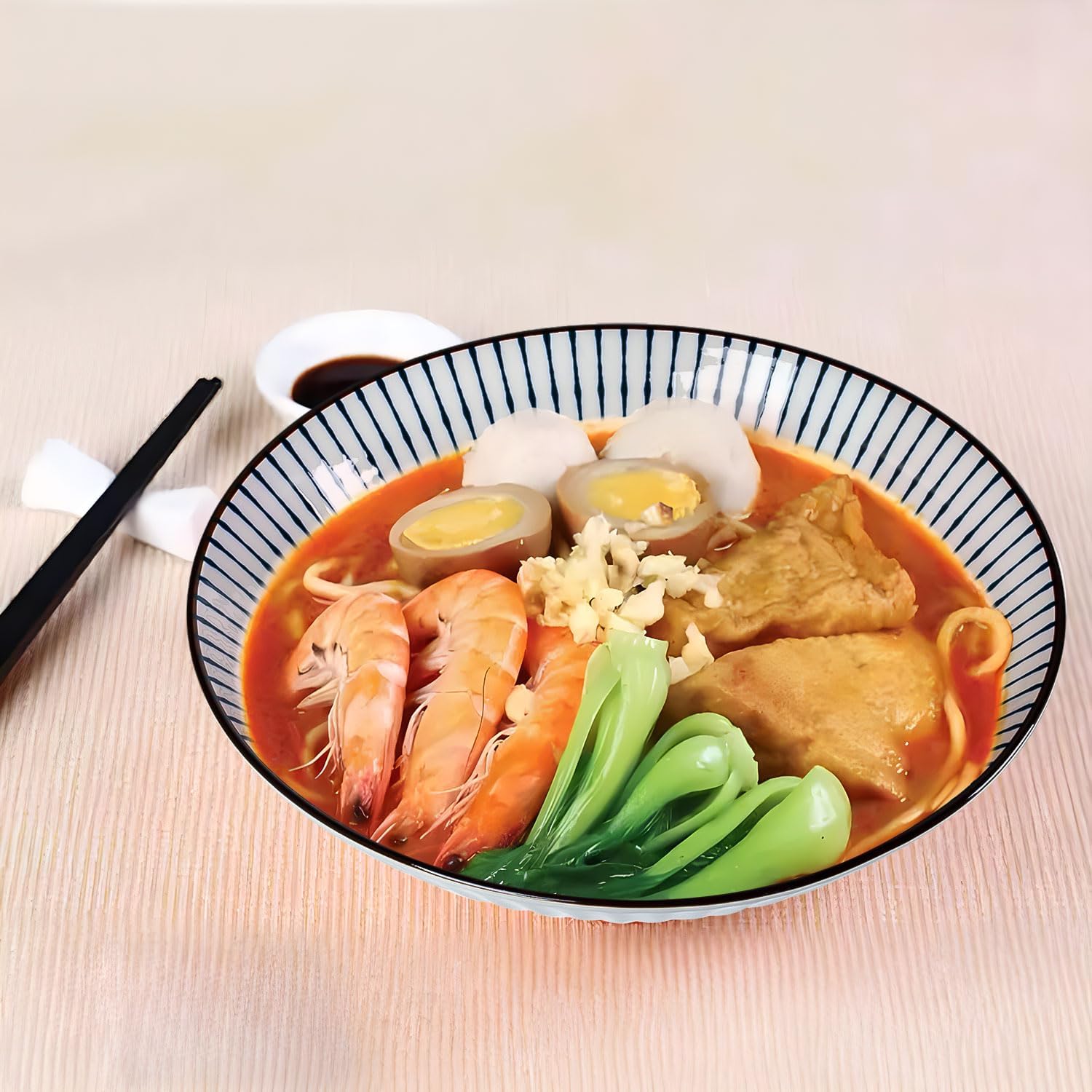 38 oz Japanese Ramen Bowls Set of 4, Large Pho Bowls, 8 Inch Ceramic Blue and White Soup Bowls, Striped Pattern