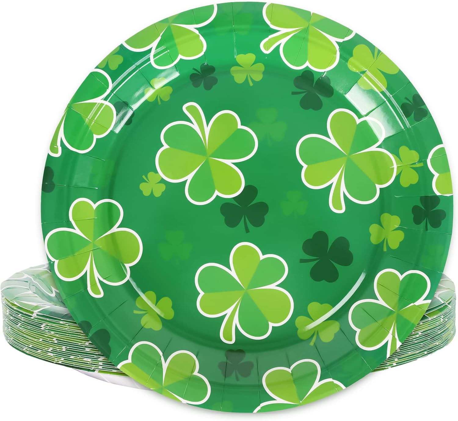 Whaline St. Patrick's Day Paper Plates 9 Inch Green Shamrock Round Disposable Plates Lucky Clover Decorative Tableware for Irish Holiday Birthday Party Supplies Table Decorations, 24Pcs