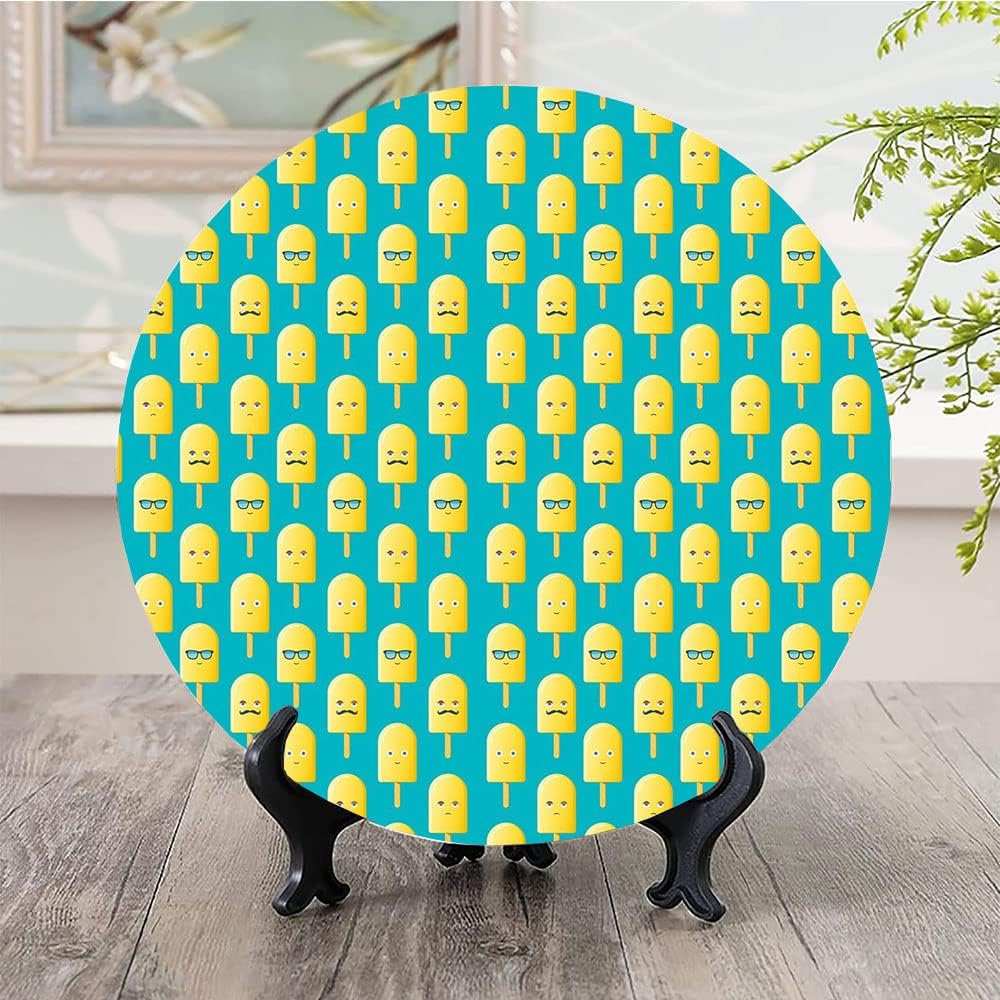 Ceramic Plates, Yellow and Blue Decorative Ceramic Plates, Lemon Flavor Ice Cream with Face Glasses and, 7 Inch, Household Plates Decorative, Teal Yellow