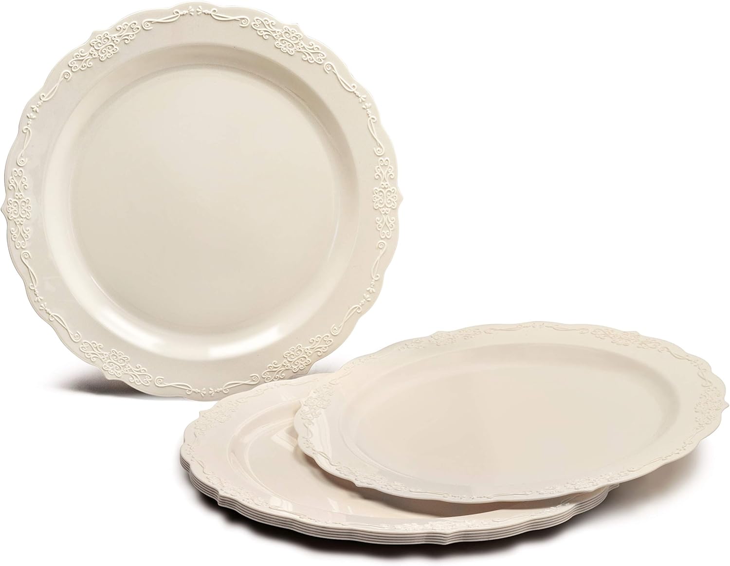 " OCCASIONS " 320 Pieces set (40 Guests)-Vintage Wedding Party Disposable Plastic Plates & cutlery -40 x 10'' + 40 x 7.5'' + Silverware + Cups + Napkins (Verona Plain Ivory)