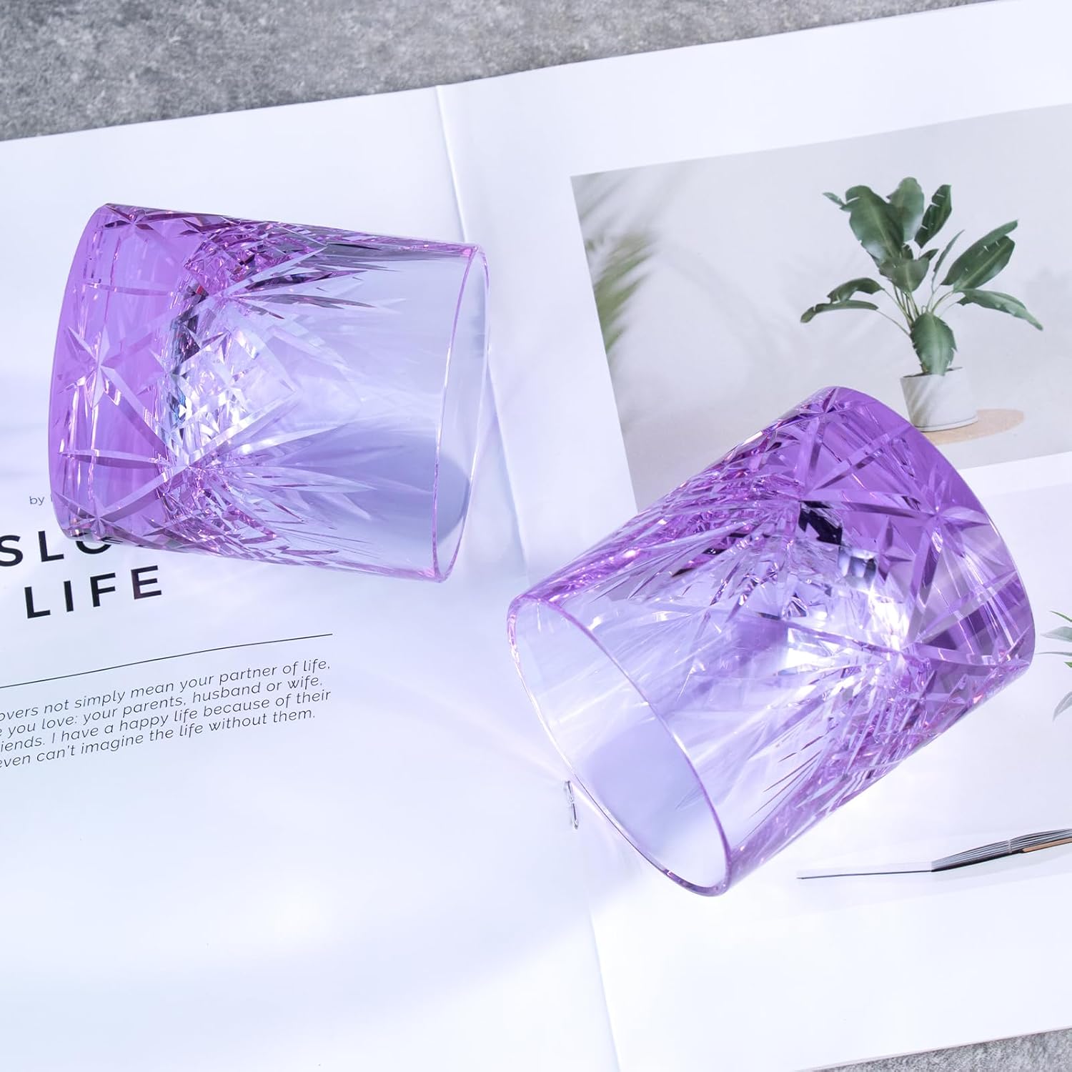 KAMMAK Crystal Whiskey Glasses Set, 8.12 oz (240 ml) Purple Old Fashioned Tumbler, Hand Blown Thick Base Colored Glass with Delicate Rim & Seamless Design for Scotch, Bourbon, Cocktails