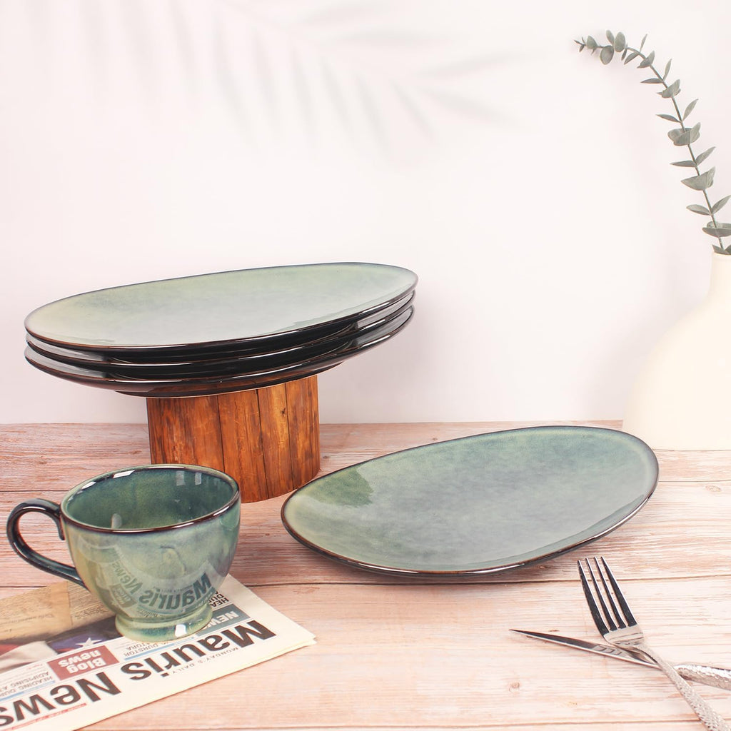 Ceramic Serving Platters - Set of 4 Platters for Entertaining, Modern Kitchen Dishes for Dinner, Fruit, Salad, Serving Trays, Curved Oval Plates 13.4 Inch