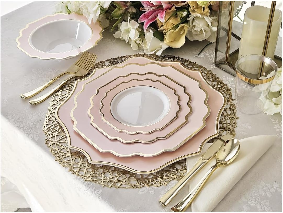 " OCCASIONS " 120 Plates Pack,(60 Guests) Heavyweight Premium Wedding Party Disposable Plastic Plates Set -60 x 10.5'' Dinner + 60 x 8'' Salad/Dessert(Imperial in Blush & Gold)