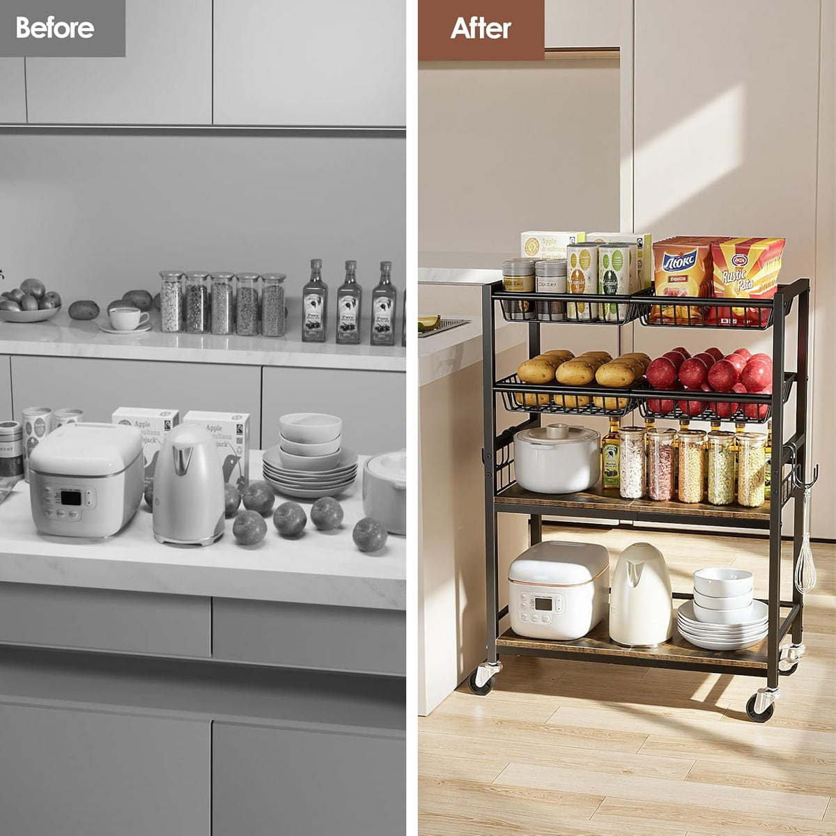 Kitchen Storage Cart, 4 Tier Utility Rolling Snack Cart, Fruit & Veget ...