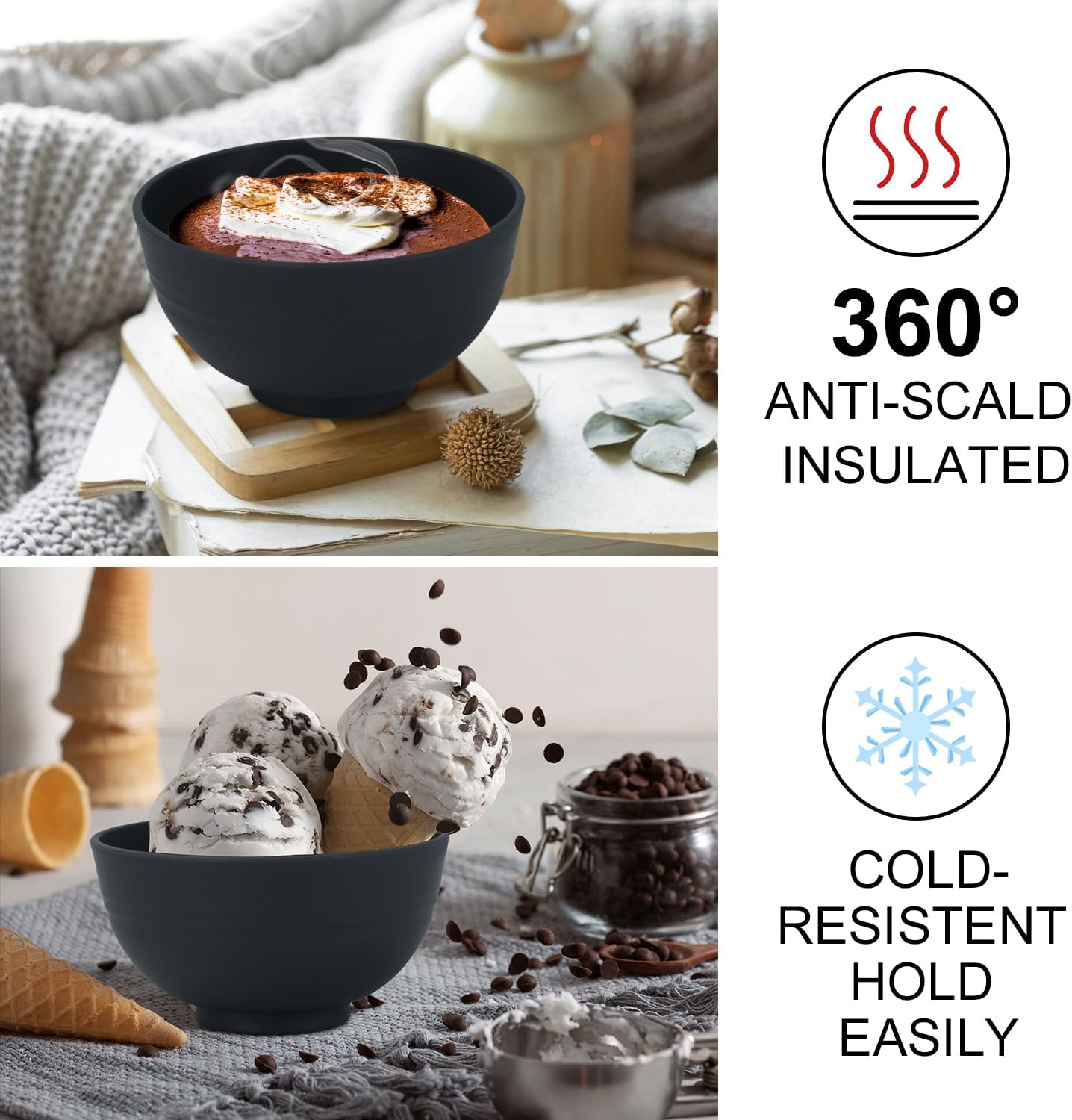 Wrova wheat straw snack bowls 10oz set of 8 - Unbreakable Dessert Bowls for kids - Mini Bowls for Ice Cream,Snack and Fruits - Microwave & Dishwasher Safe Appetizer Bowl Sets - Black