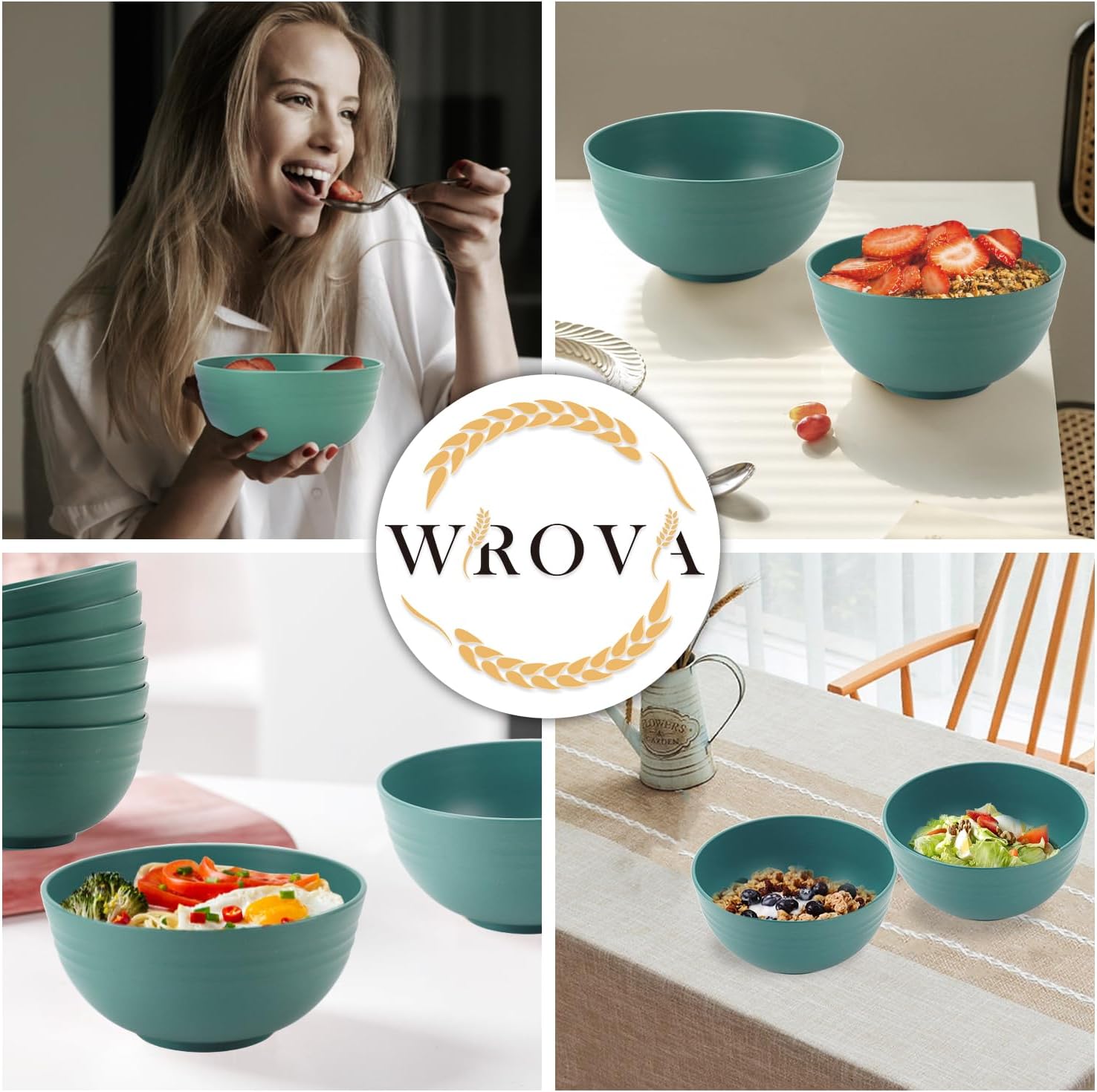 Wrova Wheat Straw Bowl Sets,8 PCS Unbreakable Cereal Bowls 26 OZ,Microwave and Dishwasher Safe Bowls,Kids Bowl suitable for cereal,salad,snack and soup (Green)