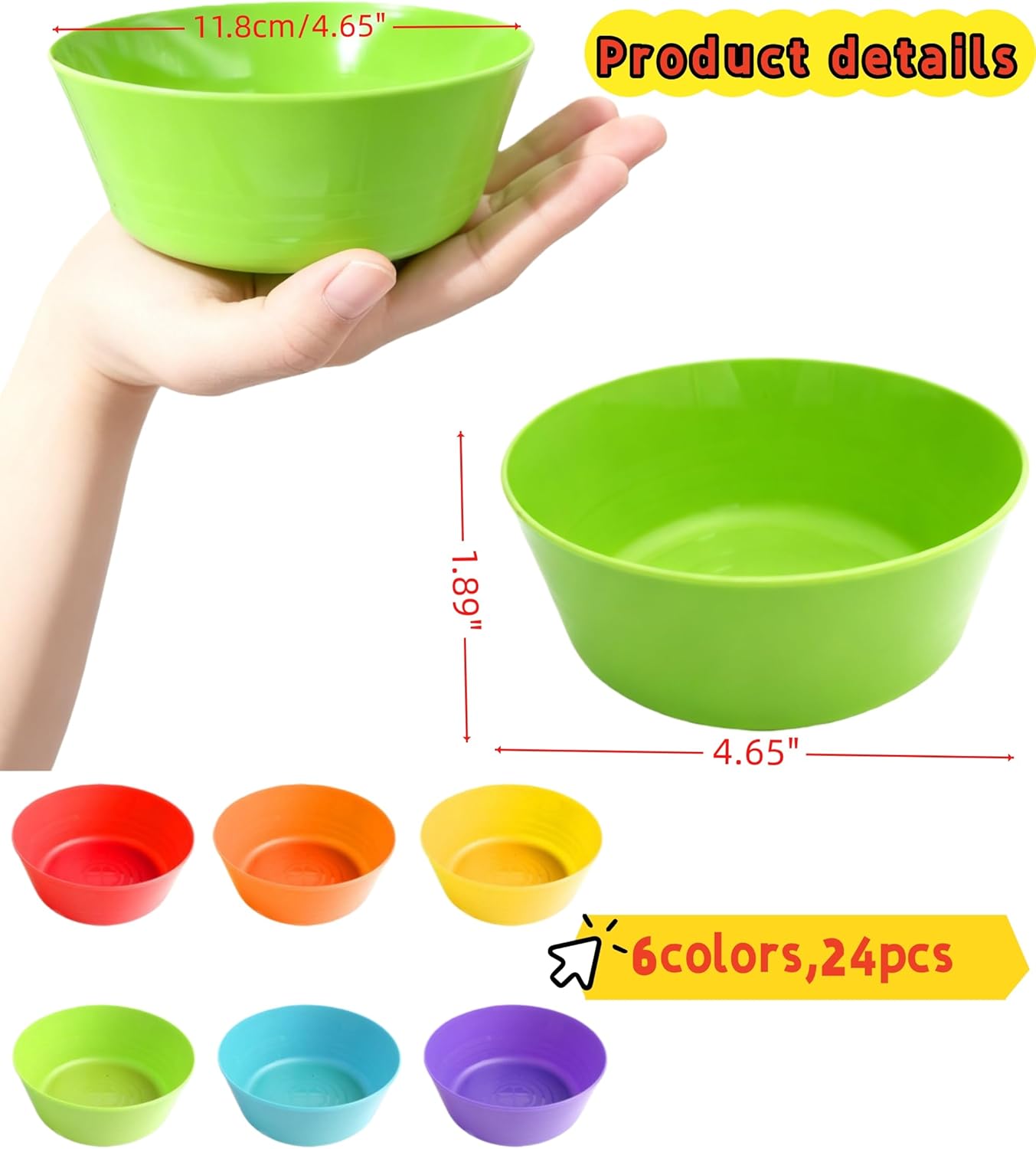 Kid Plastic Bowls 10 oz Reusable Cereal Snack Bowls Microwave Dishwasher Safe Toddler Baby Colorful Soup Bowl,Salad Dessert Soup Supplies,24 Packs 6 Colors