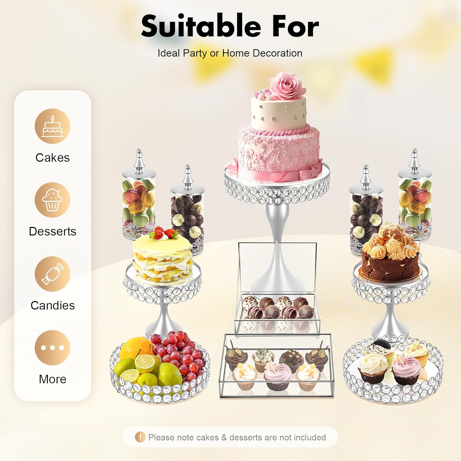 Silver Cake Stand with Base 11 Pieces Cup Cake Stands Glass Dessert Stands Display Set Candy Holder for Baby Shower Wedding Birthday Celebration Party Home Decor