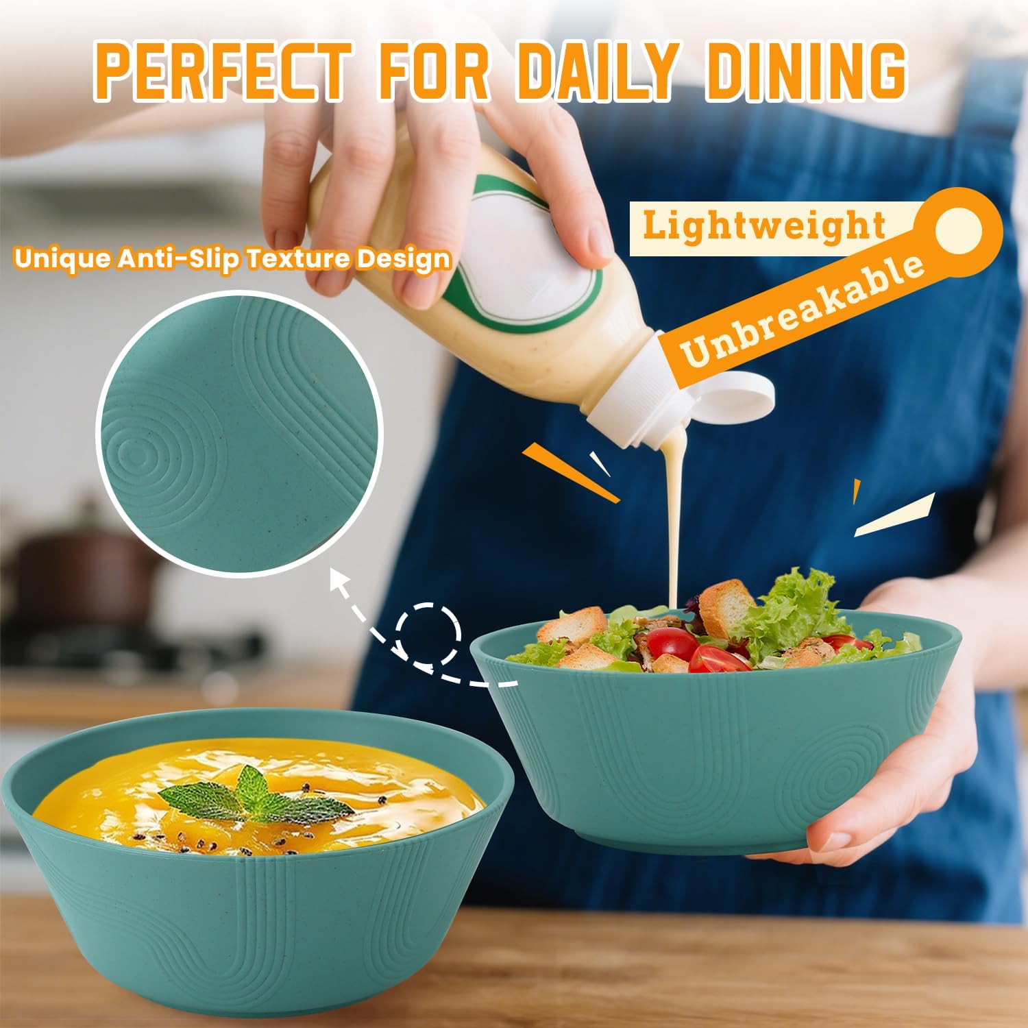 Homienly Wheat Straw Bowl Sets of 6-36oz Cereal Bowls,Microwave and Dishwasher Safe Bowls,Soup Bowl Sets Alternative for Plastic Bowls for Serving Soup,Salad(Green)