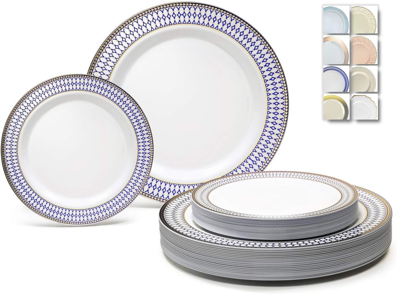 " OCCASIONS " 240 Plates Pack,(120 Guests) Heavyweight Premium Disposable Plastic Plates Set -120 x 10.5'' Dinner + 120 x 7.5'' Salad/Dessert (Odyssey in White/Blue and Gold Rim)