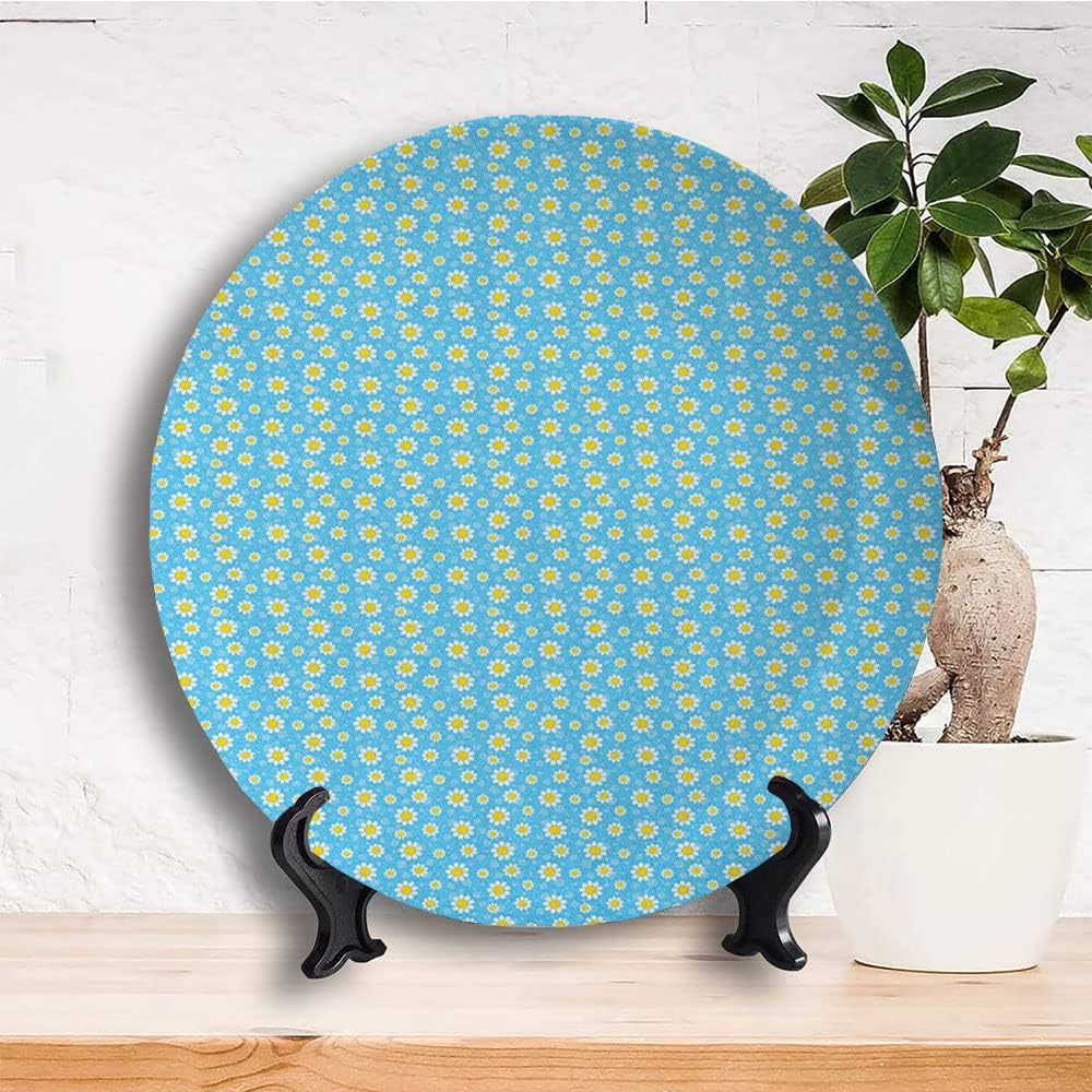 Decorative Plates, Yellow and Blue Print Ornament, Cartoon Chamomiles Blooms and Dots Fresh Spring for, 6 Inch, Kitchen Wall Decor, Blue Yellow White