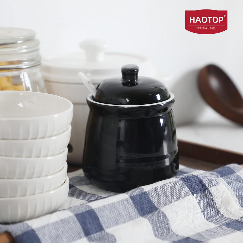 HAOTOP Porcelain Salt Bowl with Lid and Spoon,Ceramic Sugar Bowl 12oz (Black)
